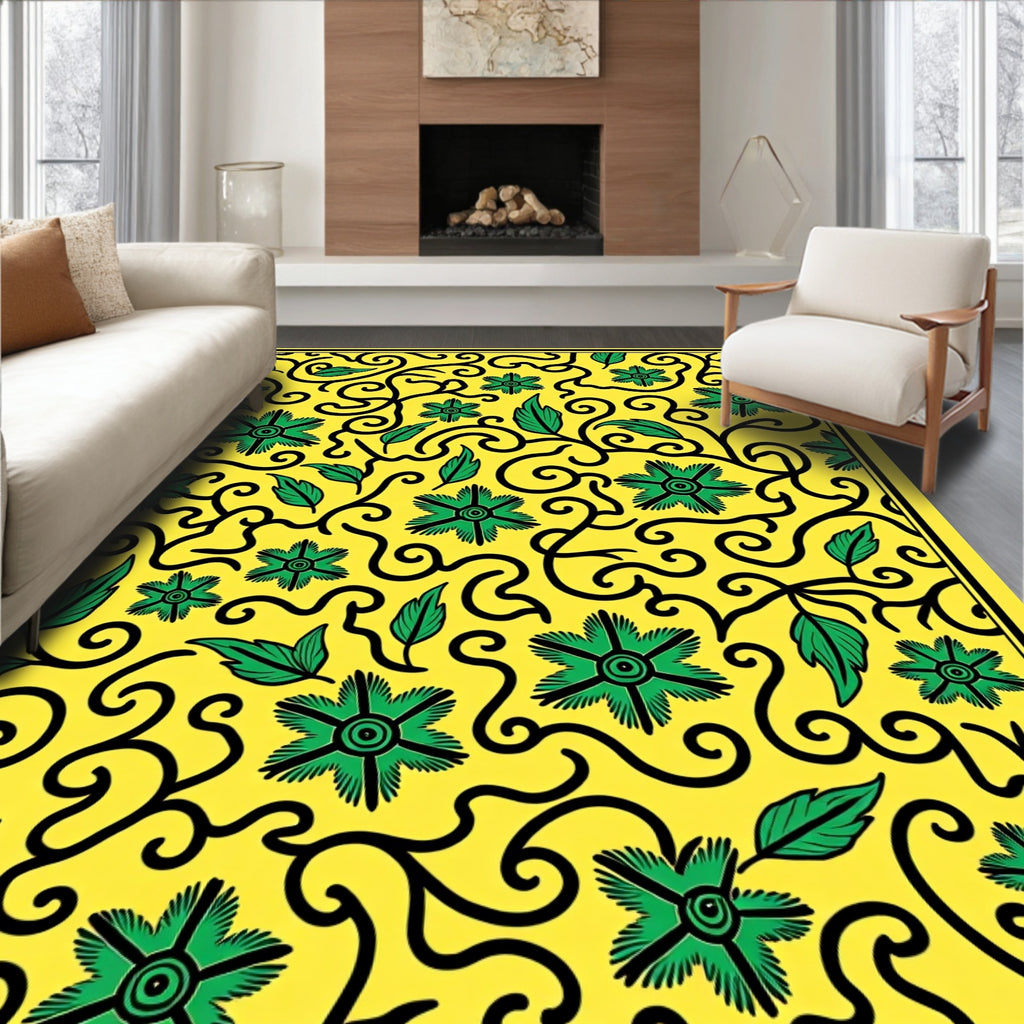 Vibrant Yellow Green Vine Pattern Rug