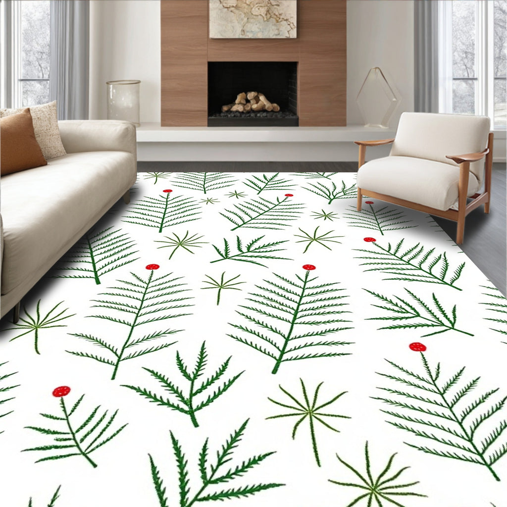 Green Fern Branches Red Berries Rug