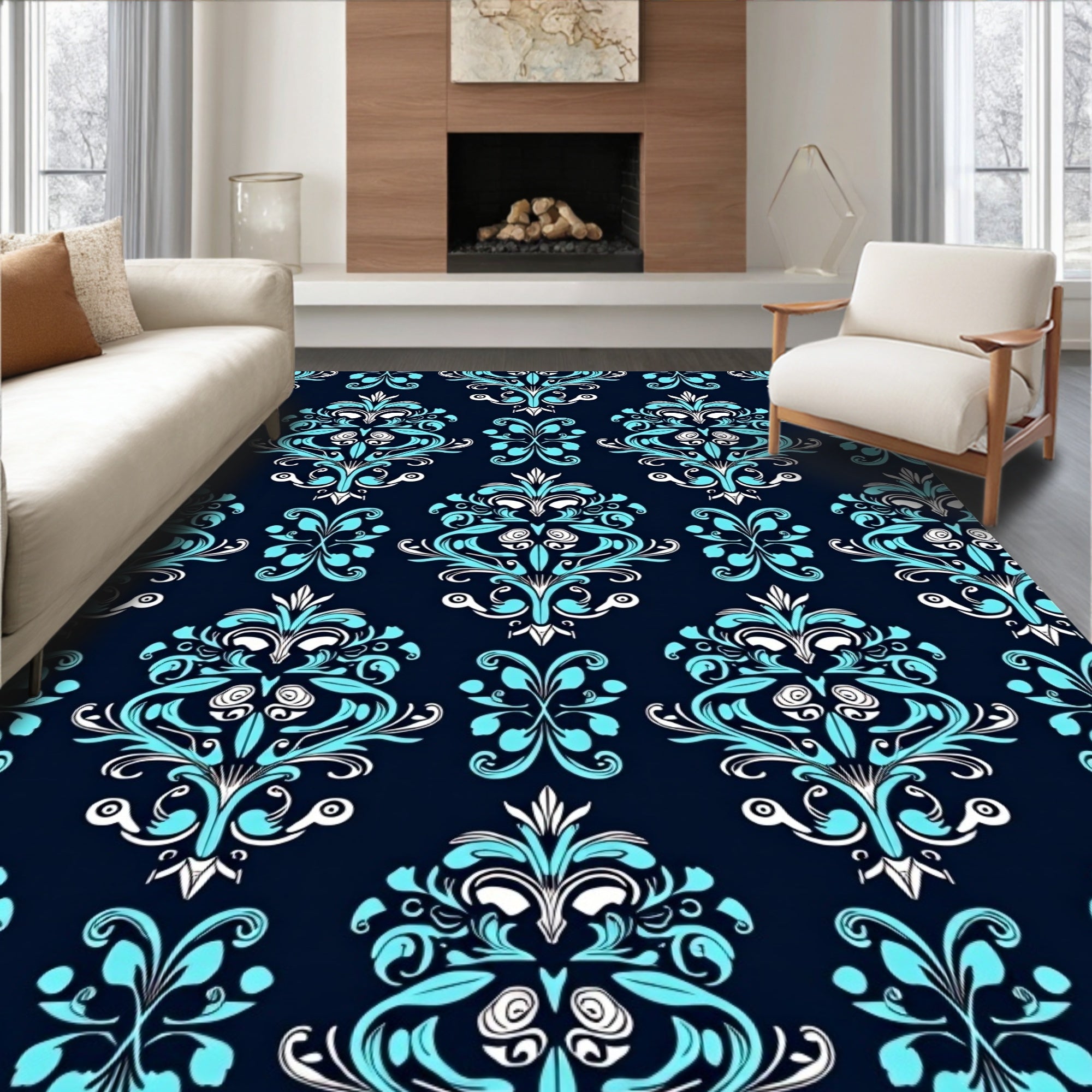 Classic Cyan Flourish Pattern Rug
