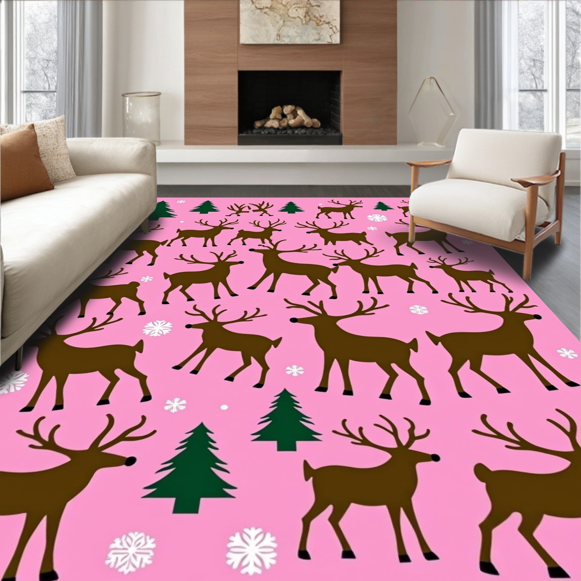 Pink Brown Reindeer Forest Snowflakes Rug