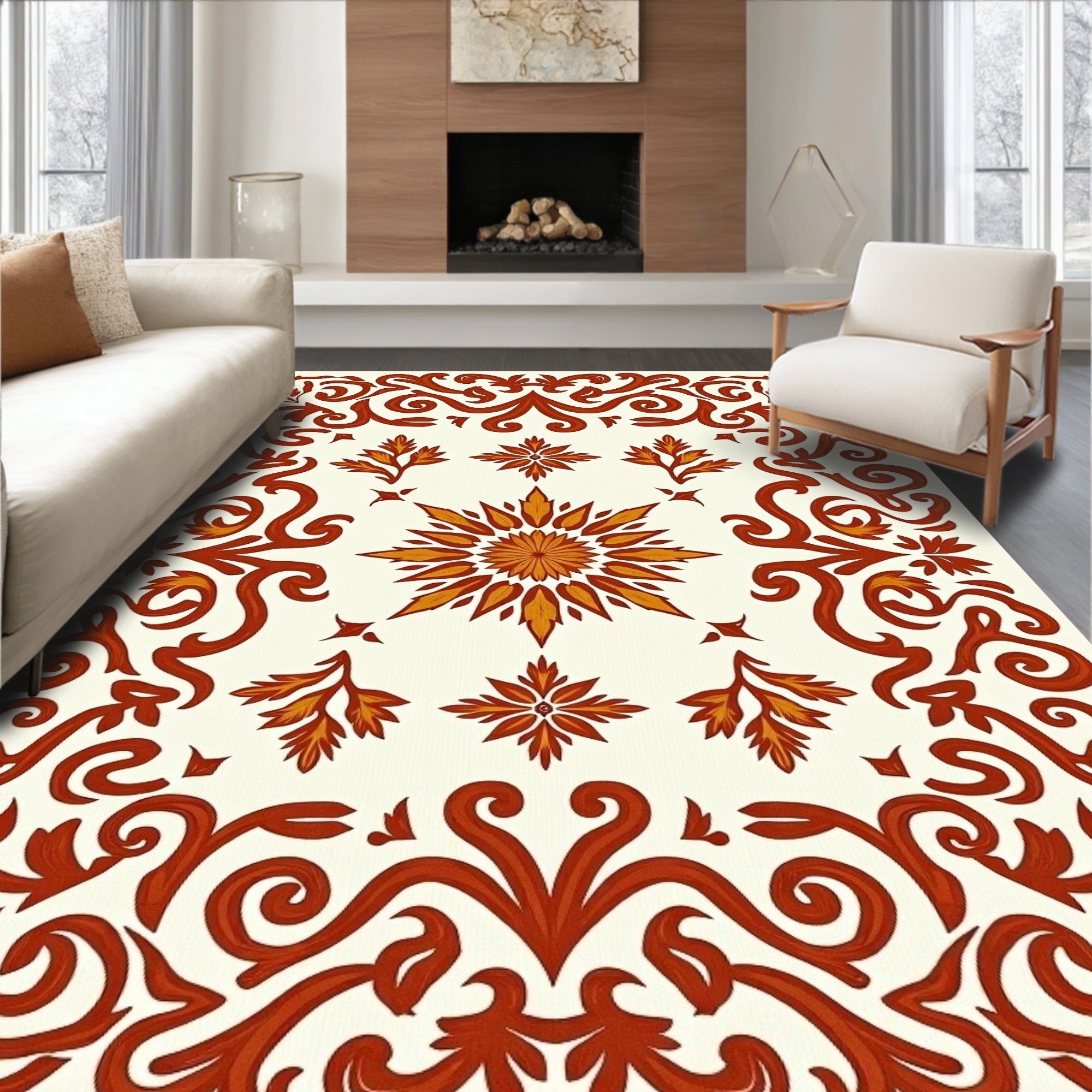 Elegant Floral Scrollwork Red Gold Rug