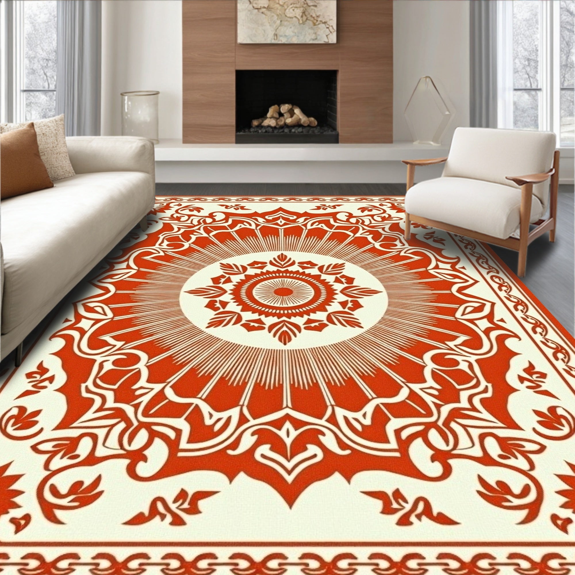 Orange Red Floral Sunburst Ornament Rug