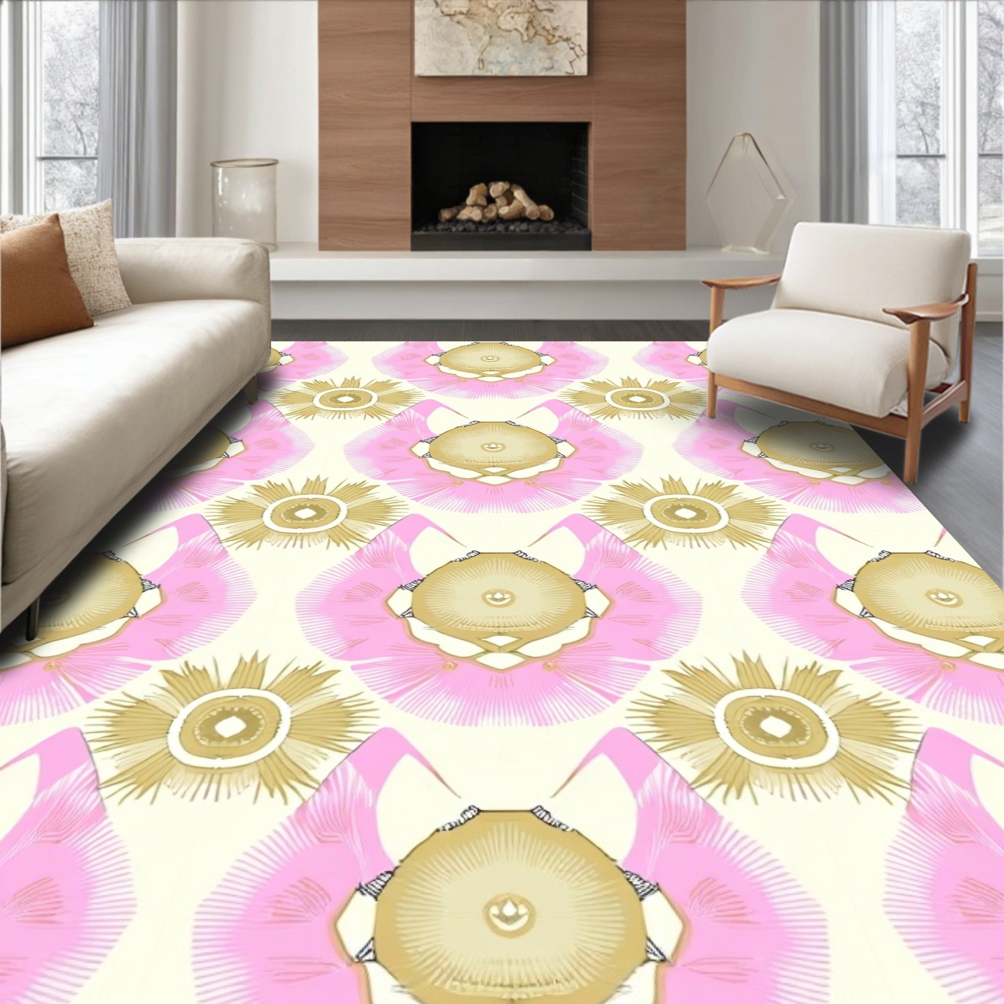 Gold Pink Floral Mandala Pattern Rug