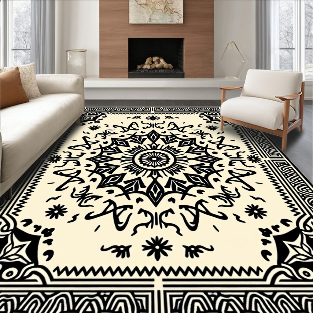Intricate Black Mandala Damask Pattern Rug
