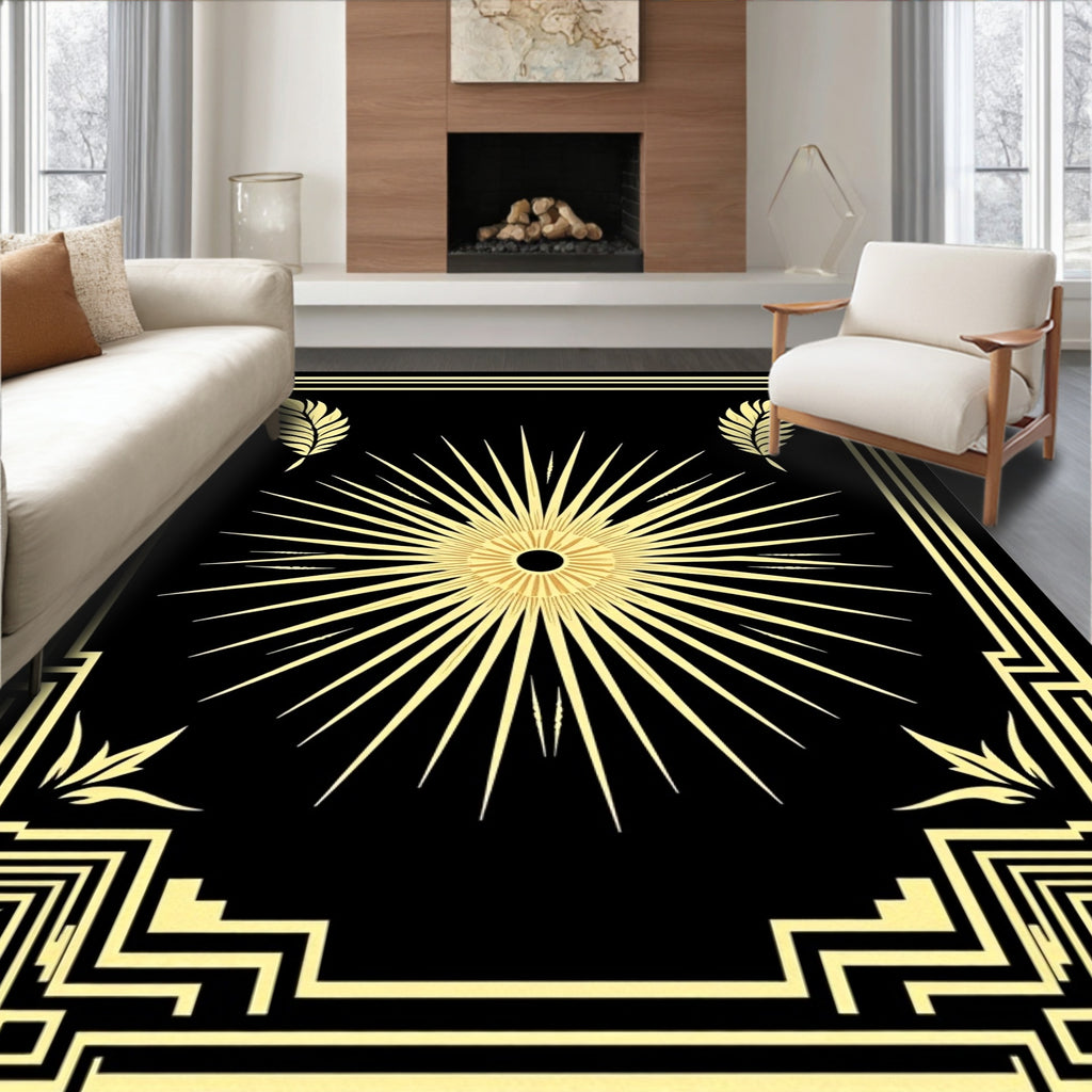 Golden Sunburst Geometric Frame Rug
