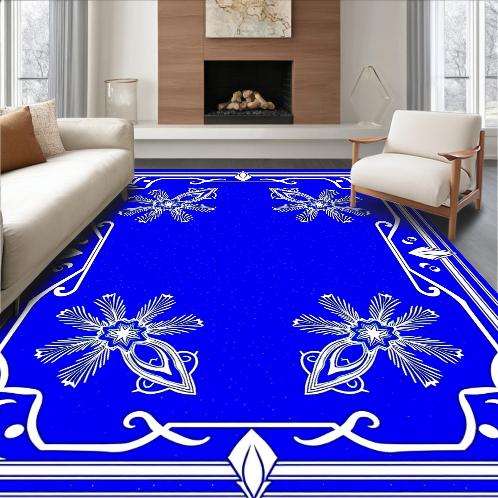 Royal Blue White Floral Medallion Border Rug