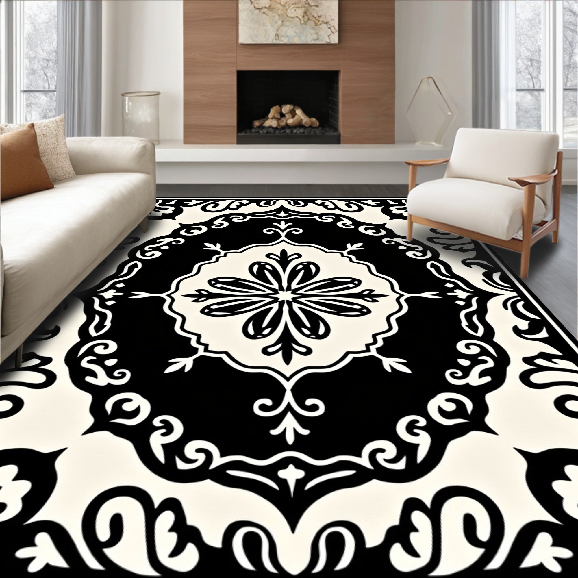 Black Cream Traditional Floral Medallion Rug