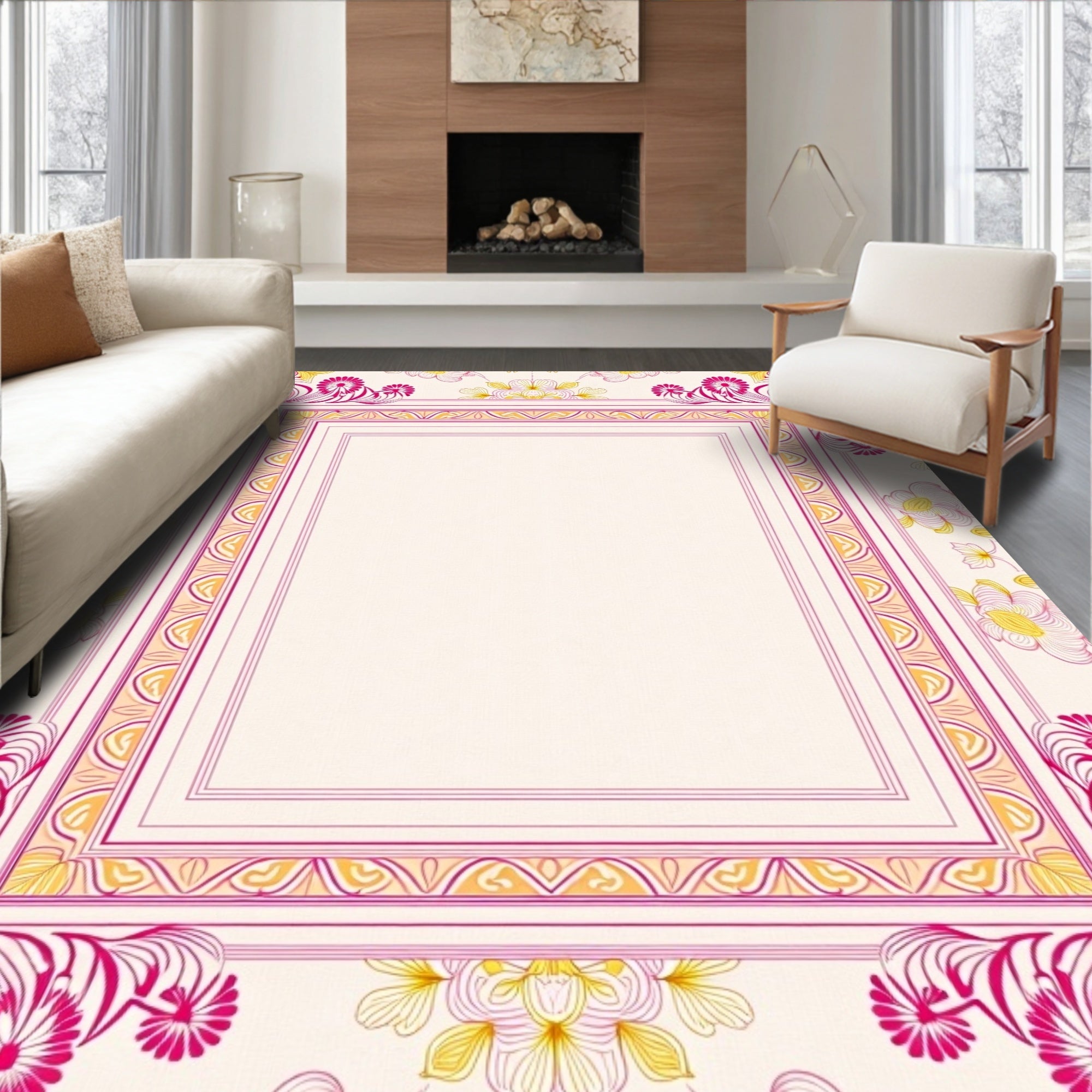 Vibrant Floral Patterned Geometric Rug