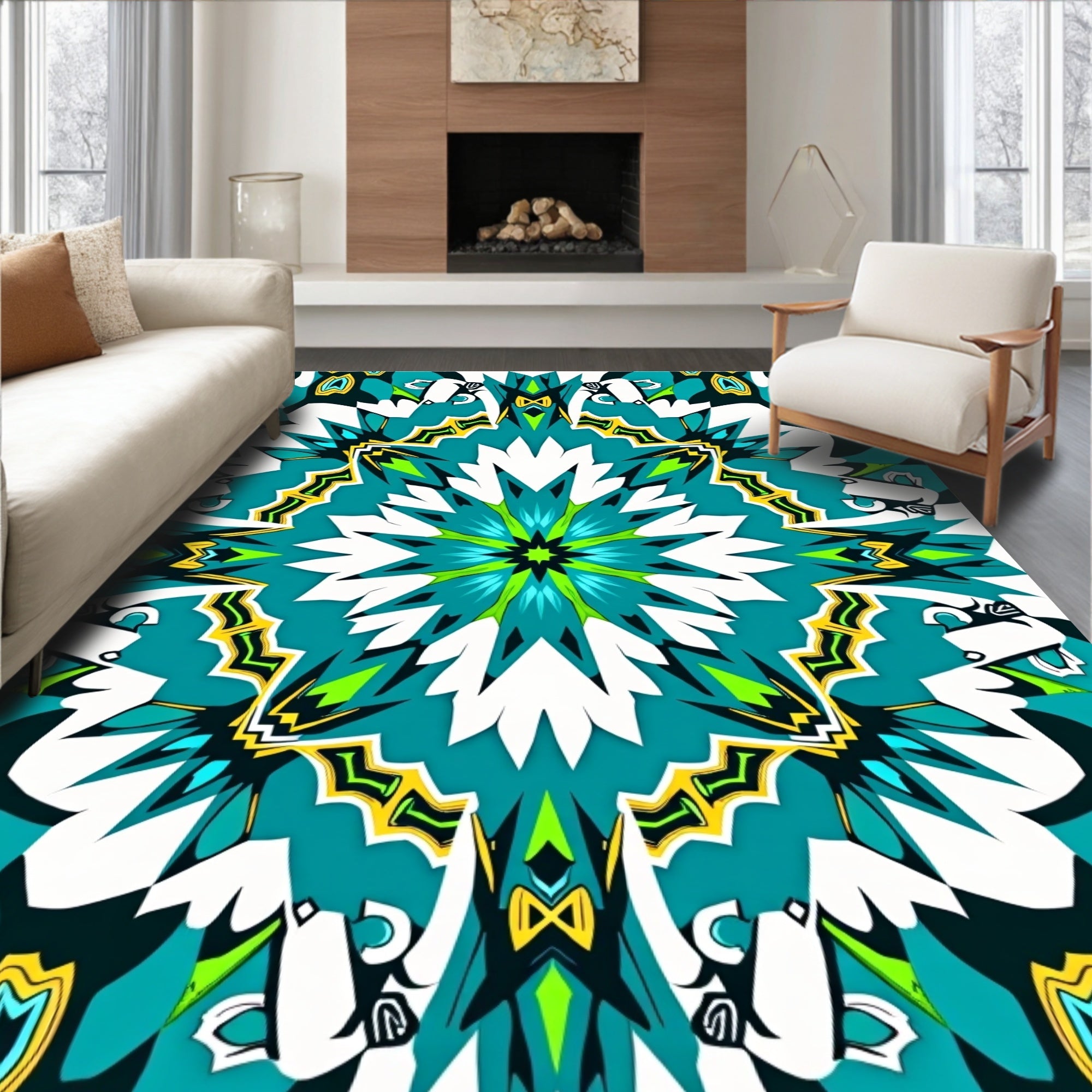 Abstract Teal Lime Geometric Kaleidoscopic Rug