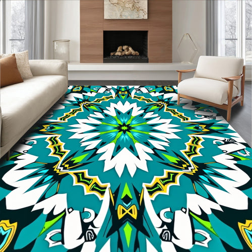 Abstract Teal Lime Geometric Kaleidoscopic Rug