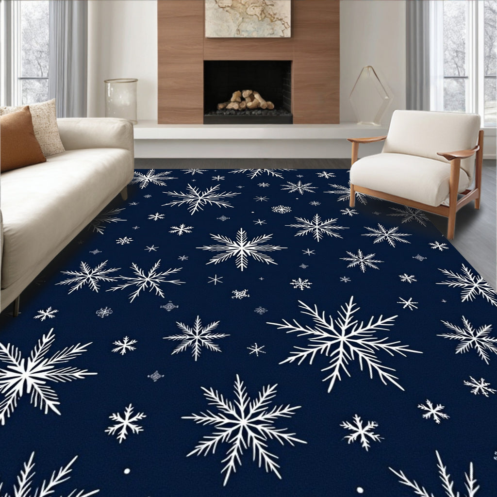 White Snowflake Pattern On Navy Background Rug