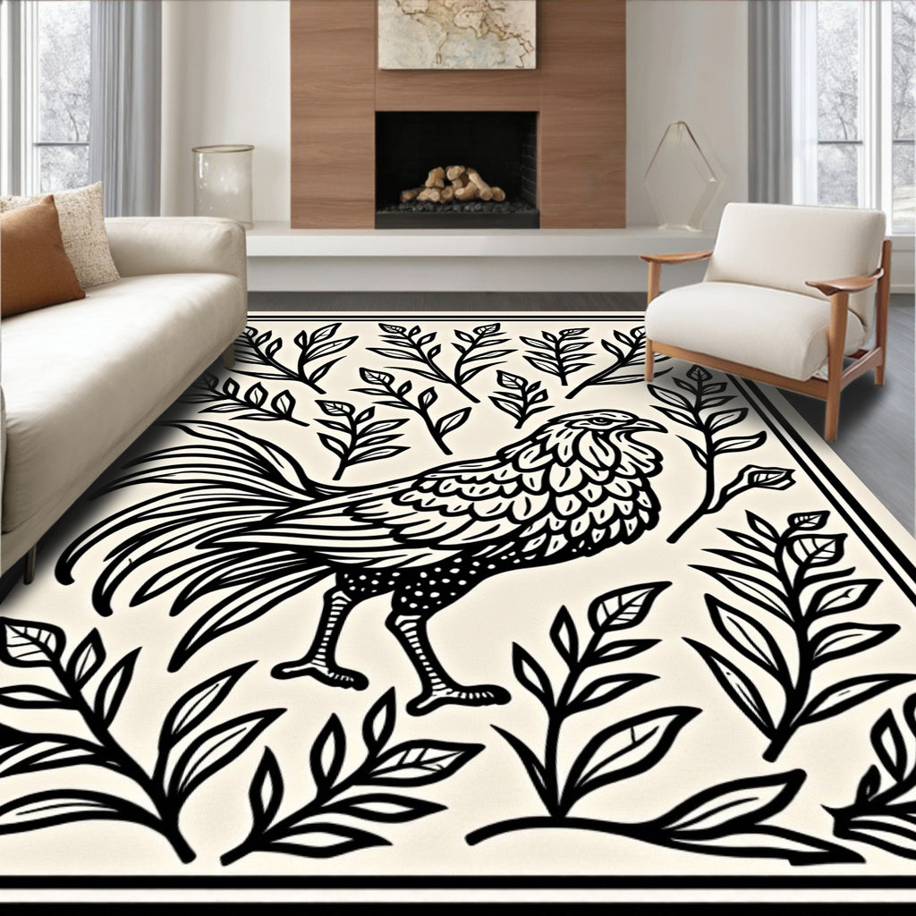Bold Rooster Floral Line Art Rug