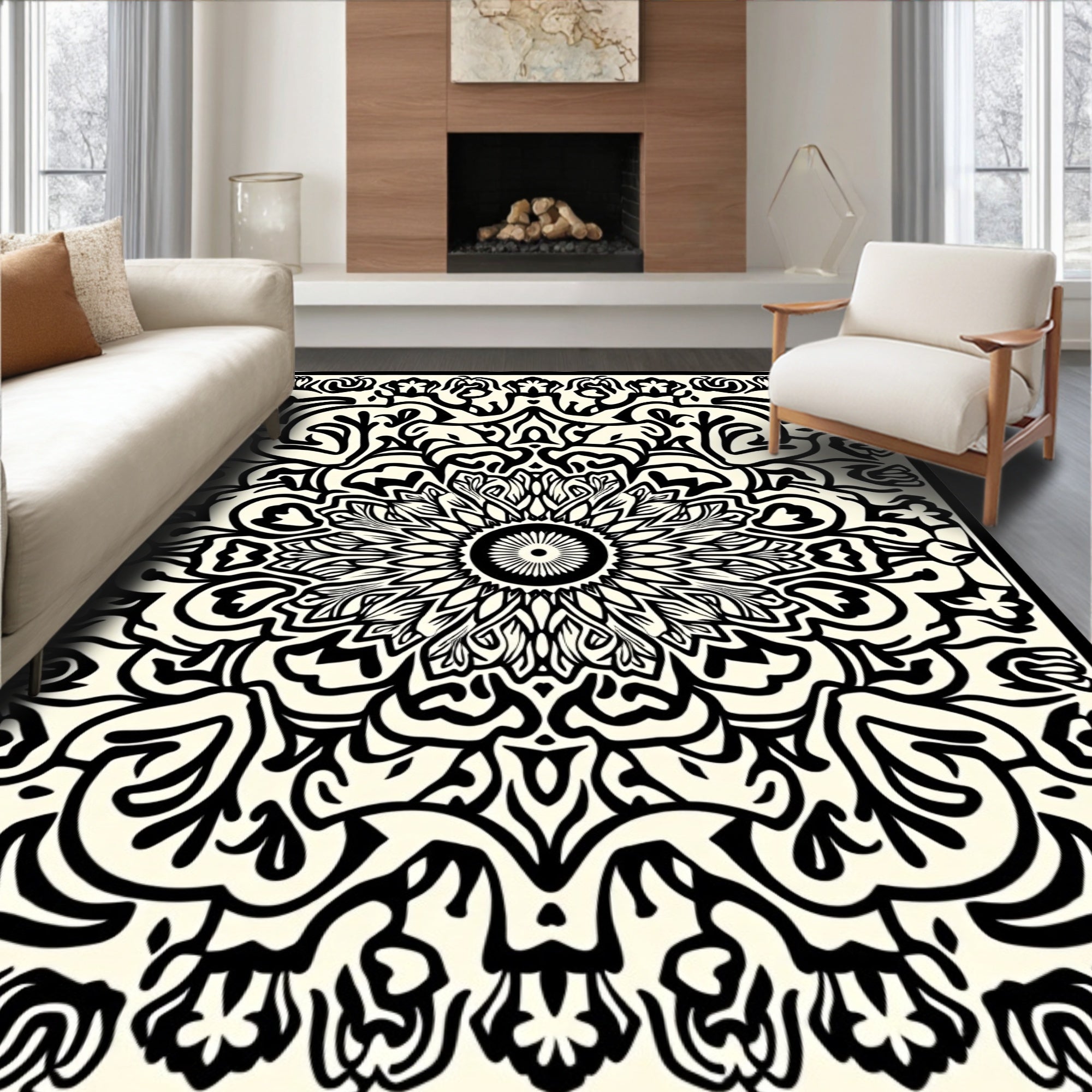 Intricate Mandala Floral Black White Pattern Rug