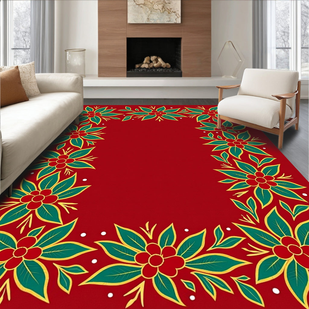 Red Floral Bordered Festive Rug
