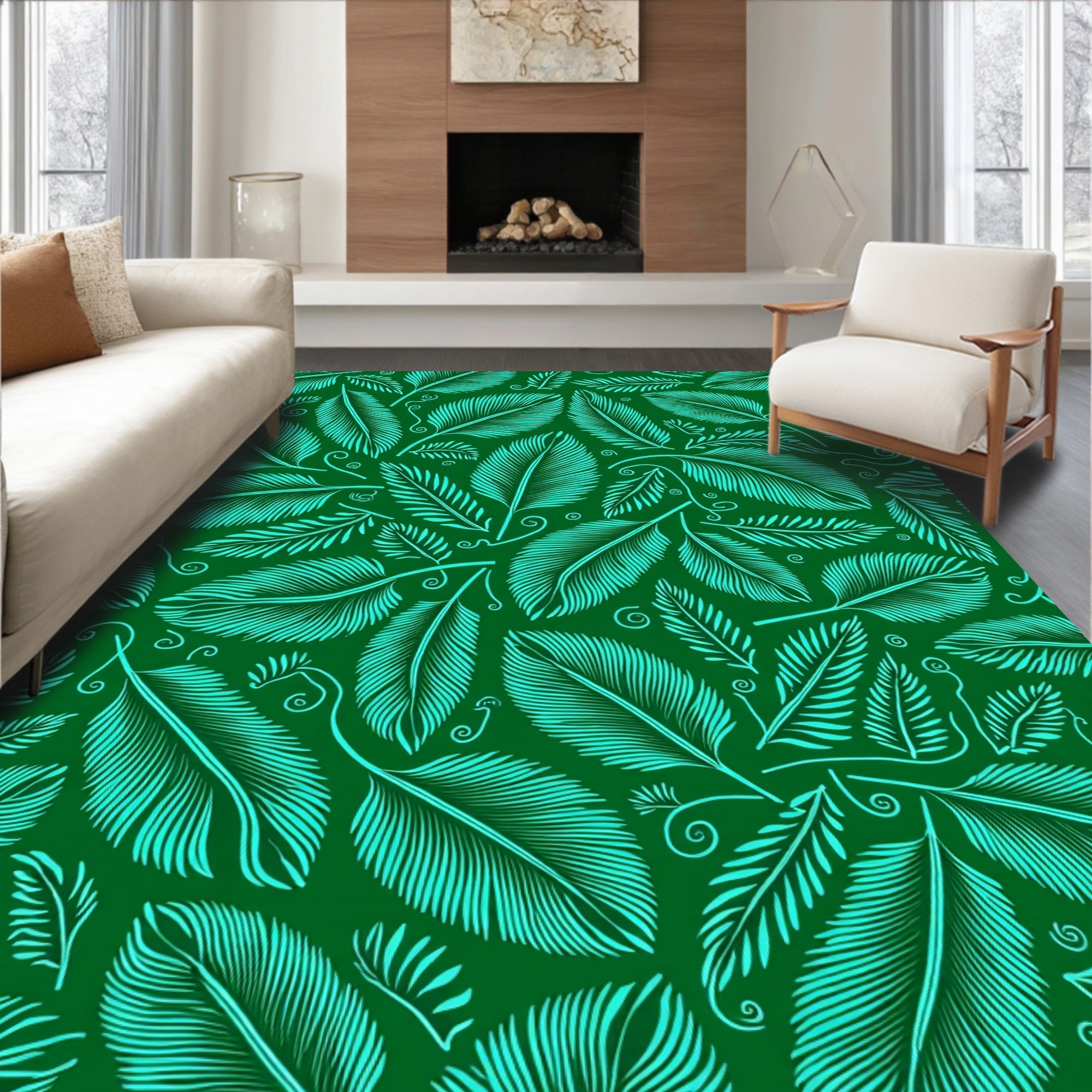 Emerald Green Teal Feather Composition Rug