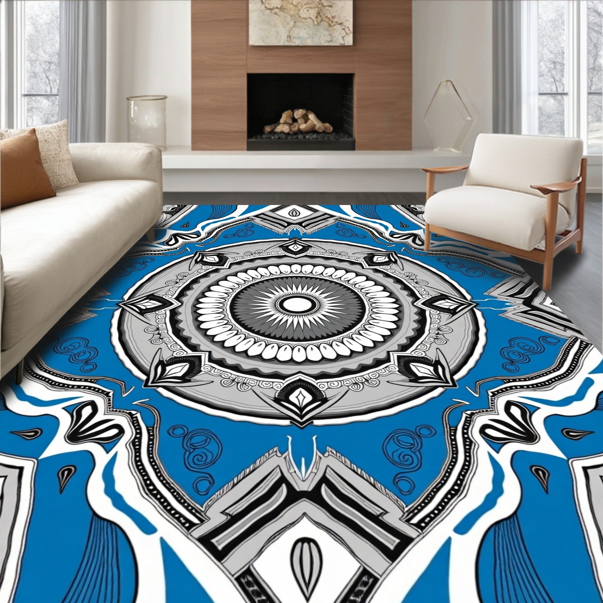 Vibrant Blue Mandala Jewel Symmetry Rug