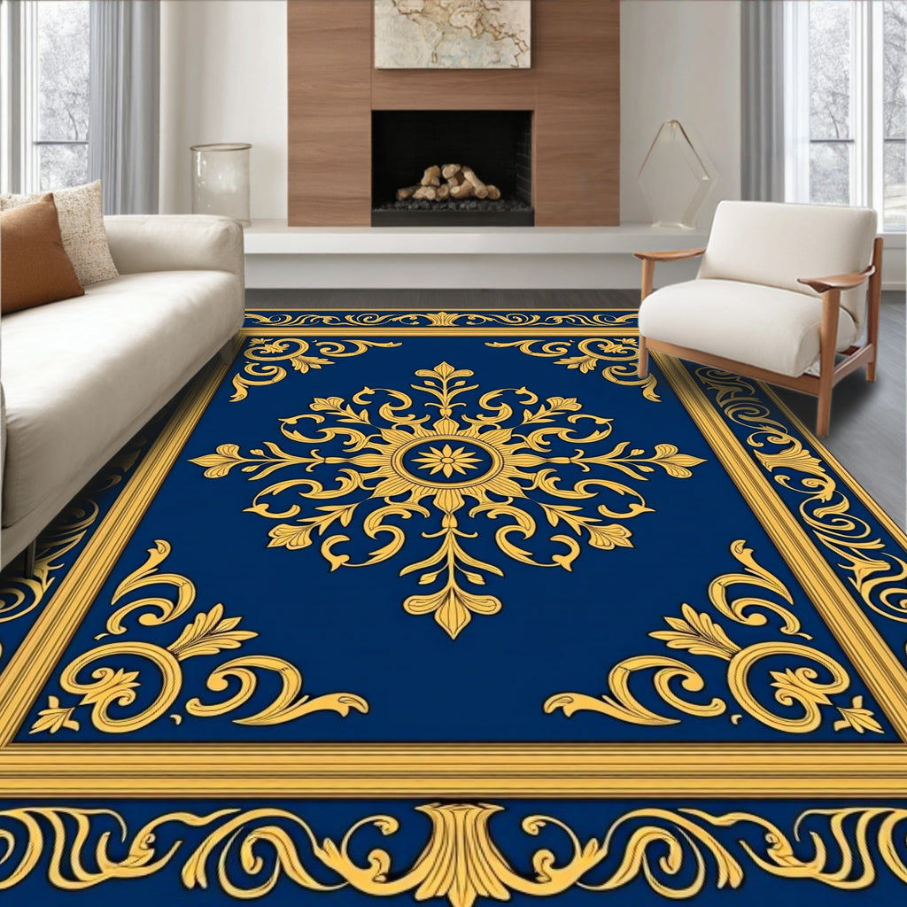 Ornate Floral Scrollwork Blue Gold Rug