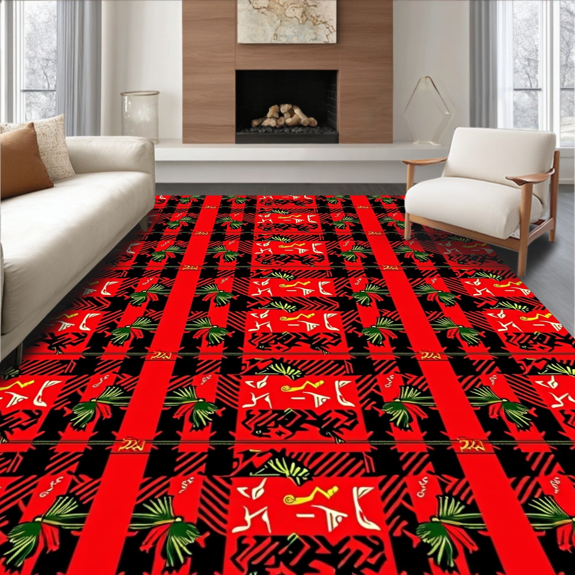 Bold Red Black Plaid Abstract Pattern Rug