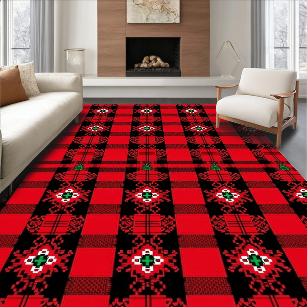 Classic Red Black Plaid Festive Pattern Rug