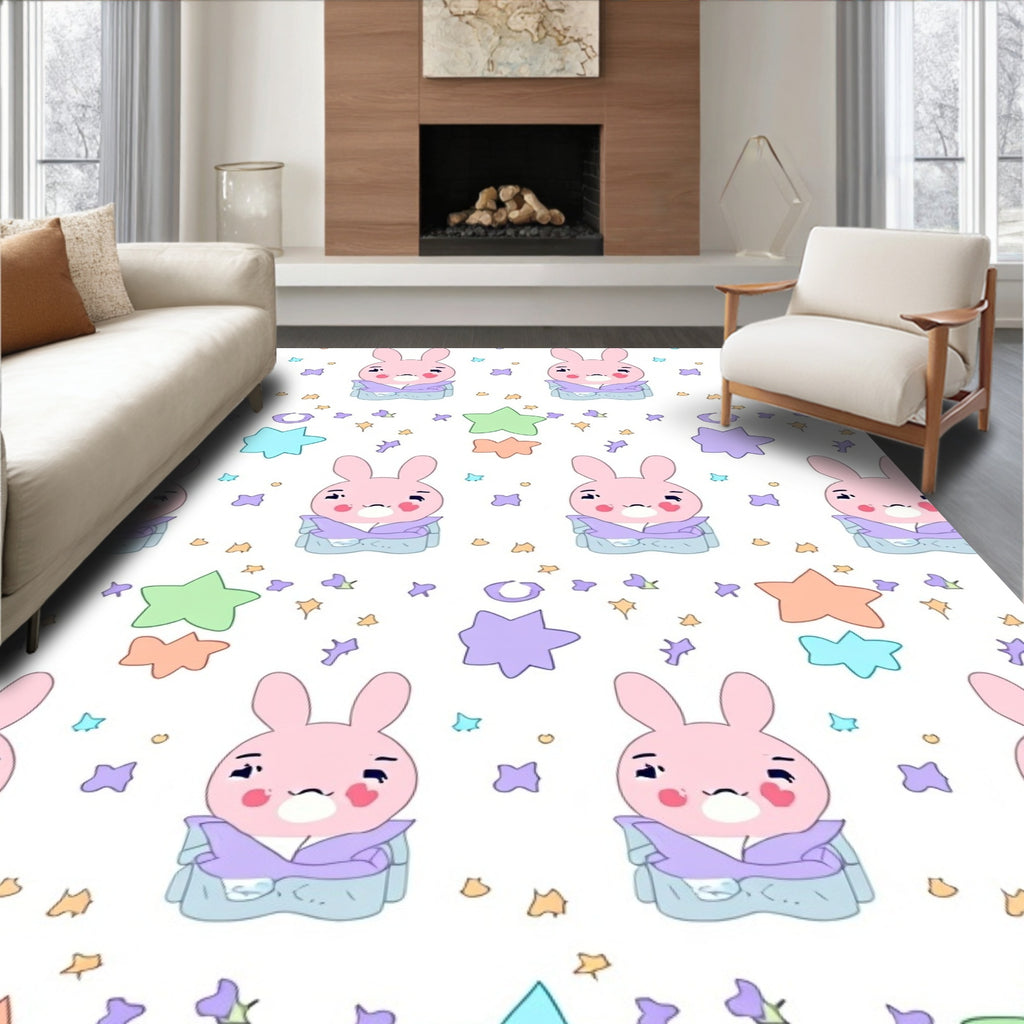 Cute Pink Bunny Star Pattern Rug