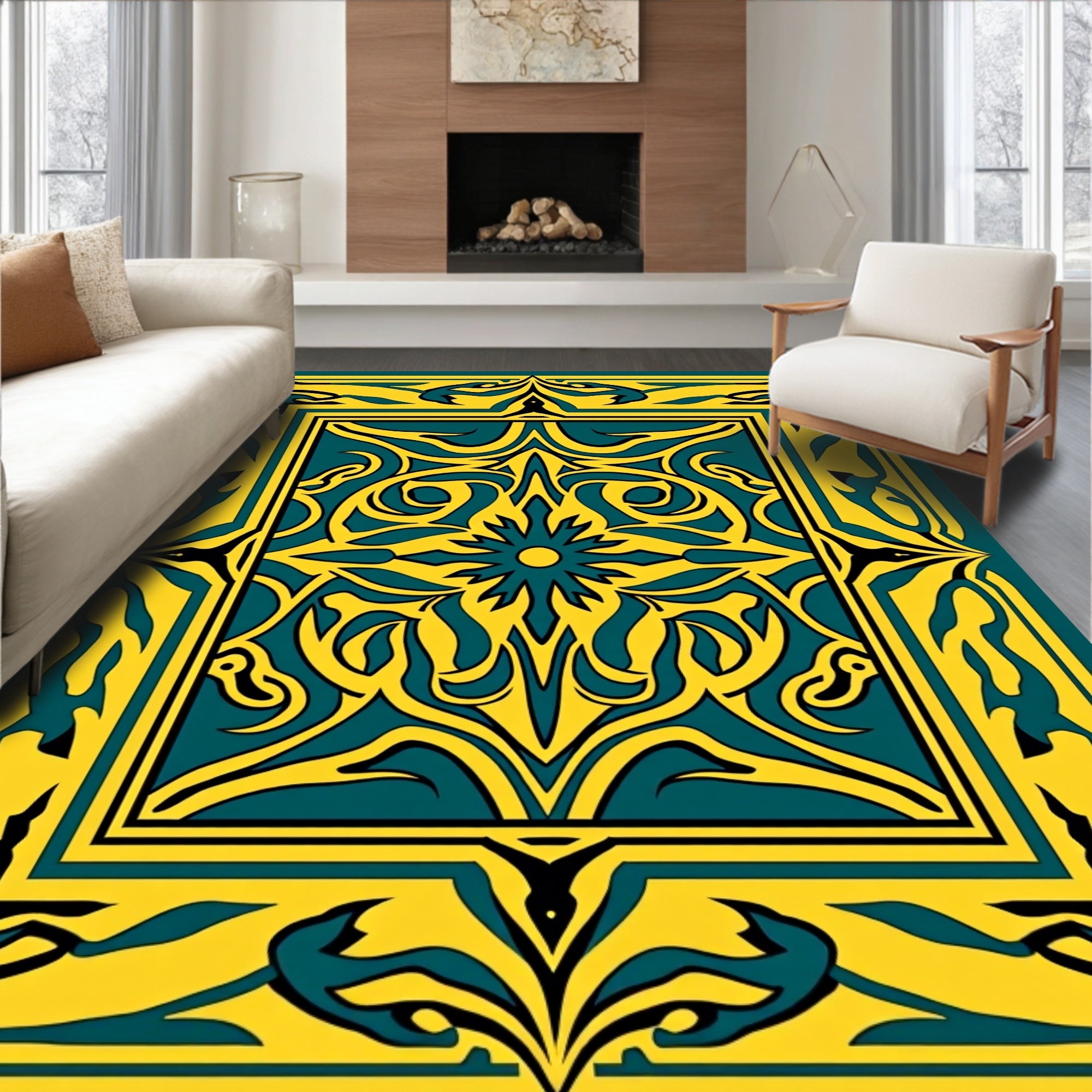 Bold Teal Yellow Floral Motif Rug