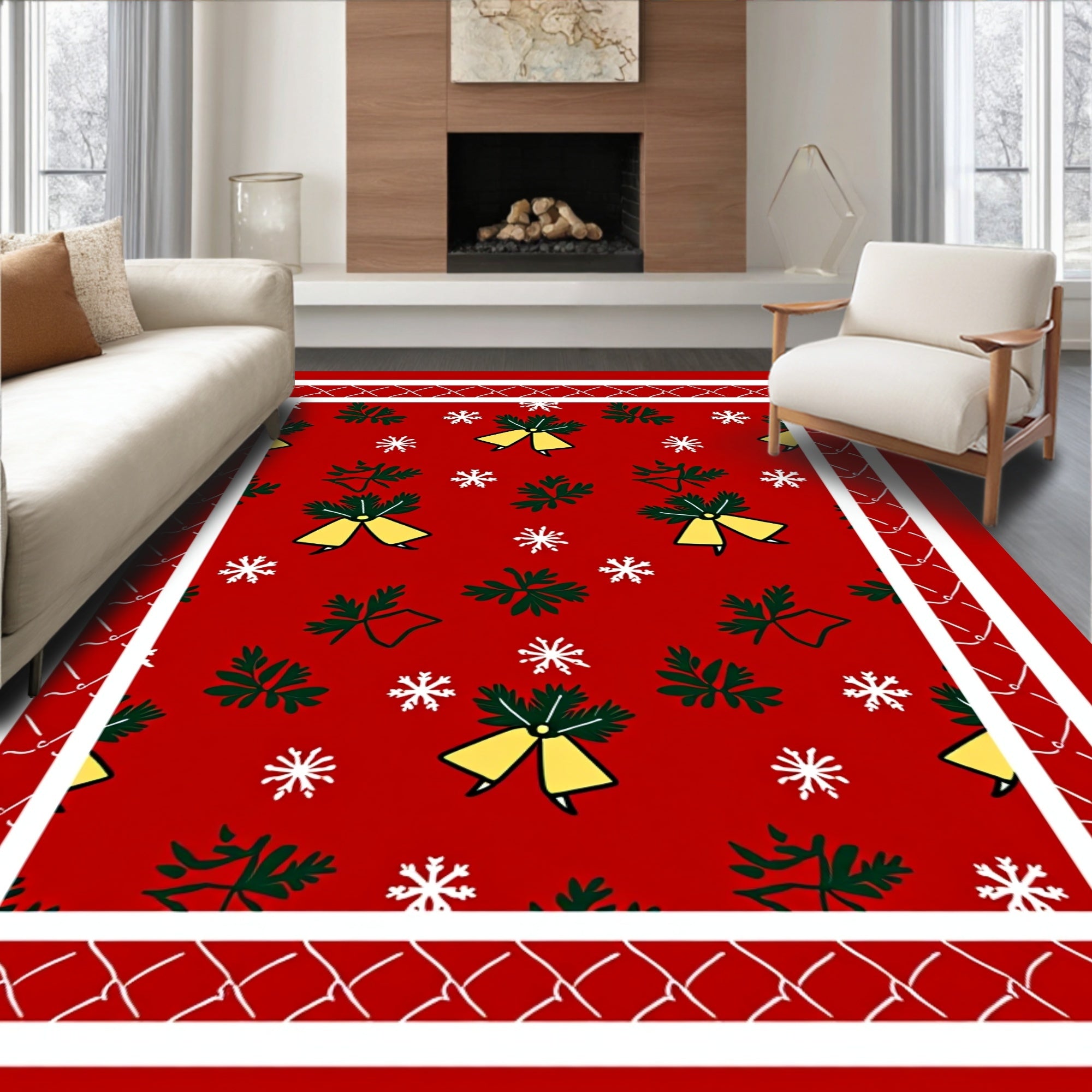 Festive Red Belles and Snowflakes Pattern Rug