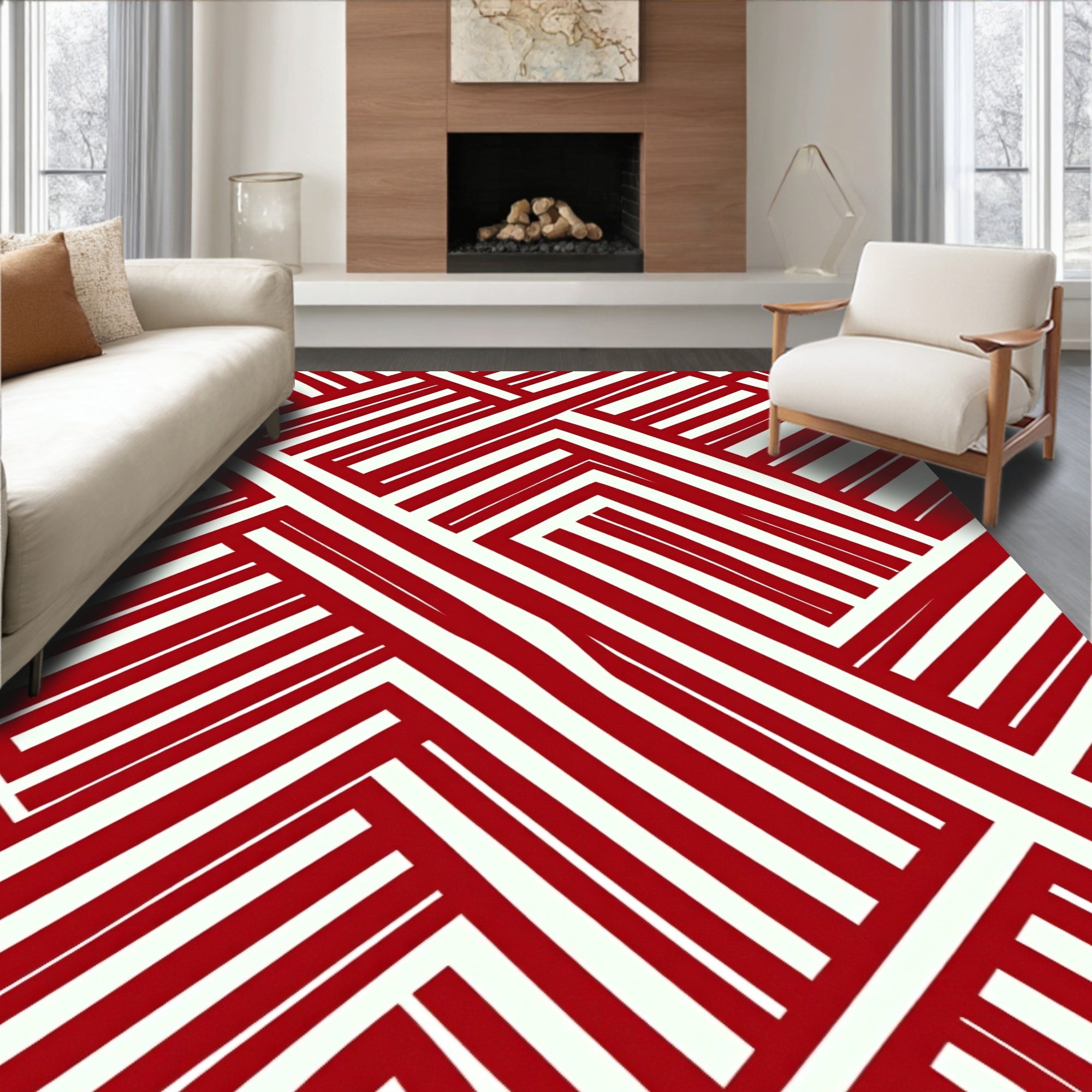Bold Red White Interlocking Lines Design Rug