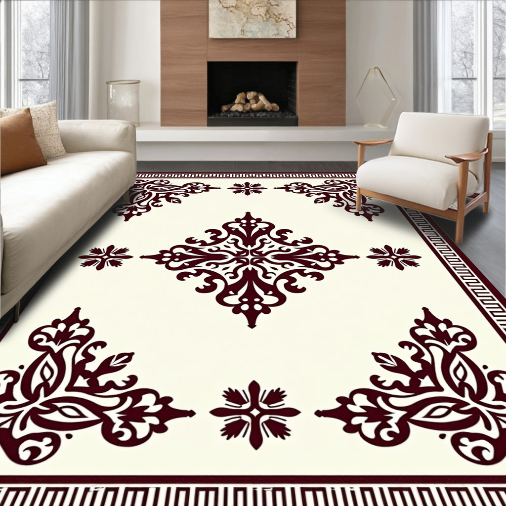 Ornate Burgundy Scrollwork Mandala Design Rug