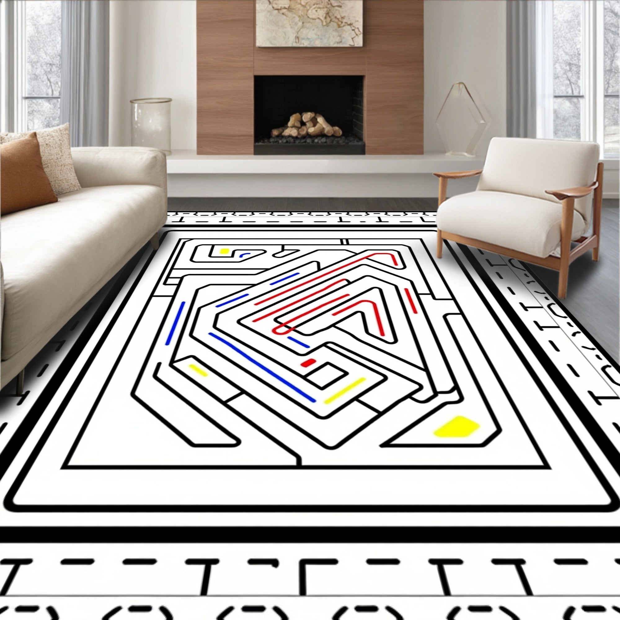 Geometric Maze with Red Blue Accents Rug