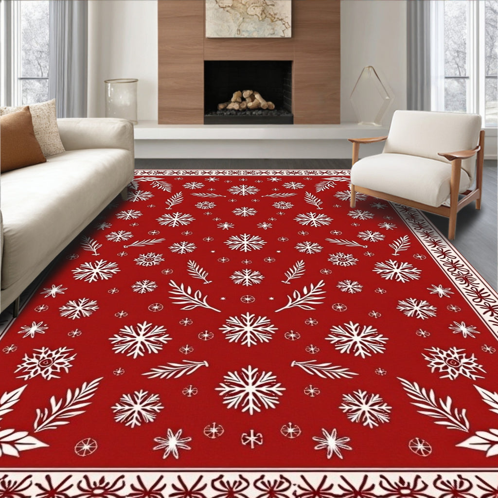 Red White Snowflake Floral Pattern Rug