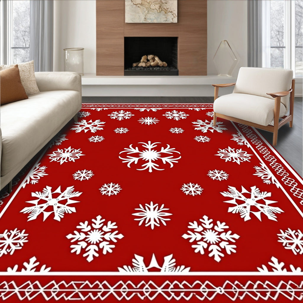 Red Snowflake Patterned Area Rug