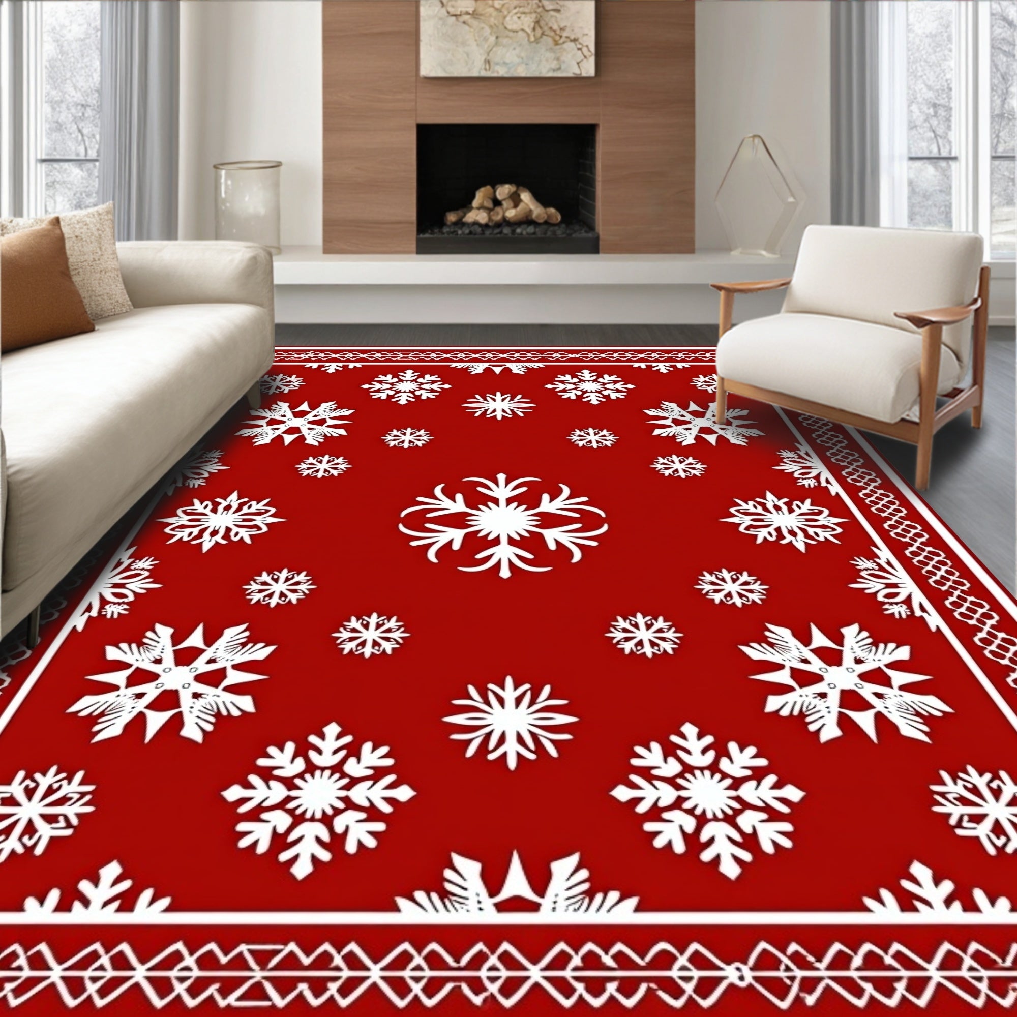 Red Snowflake Patterned Area Rug