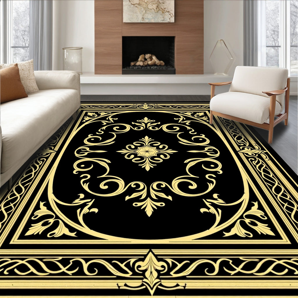 Elaborate Black Gold Floral Scroll Rug