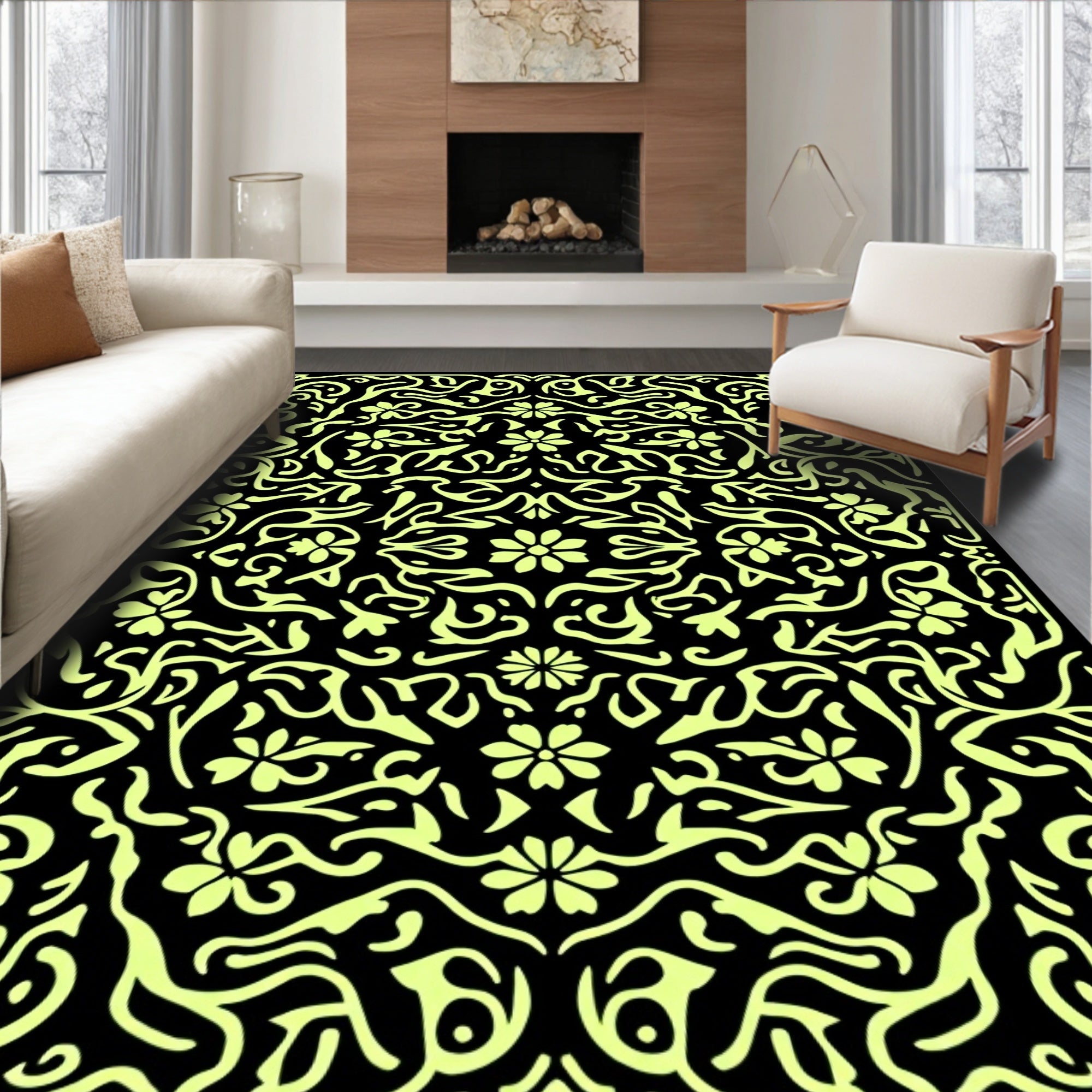 Black Yellow Floral Swirl Pattern Rug