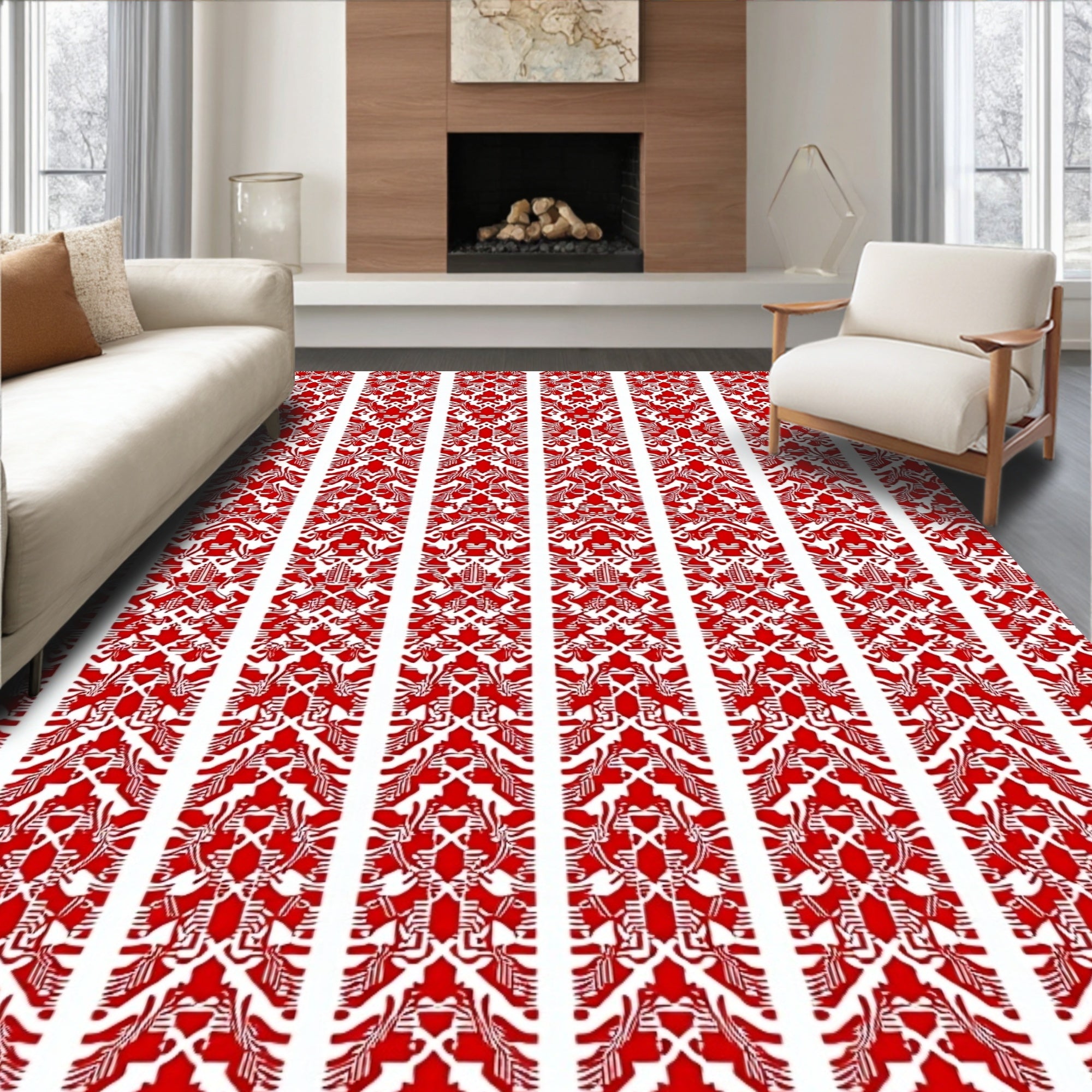 Classic Red Floral Damask Stripe Rug