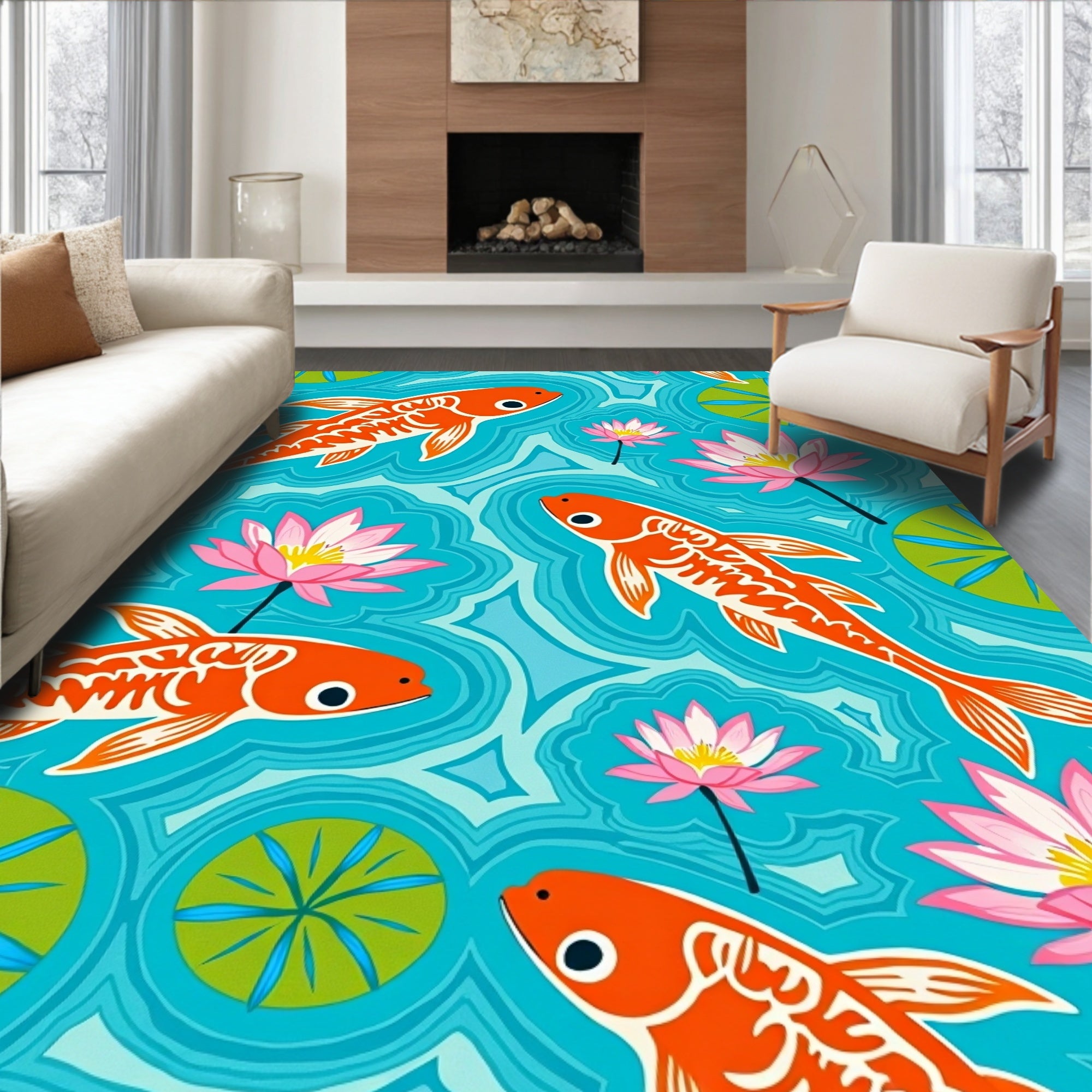 Orange Koi Fish Lotus Flowers Pattern Rug