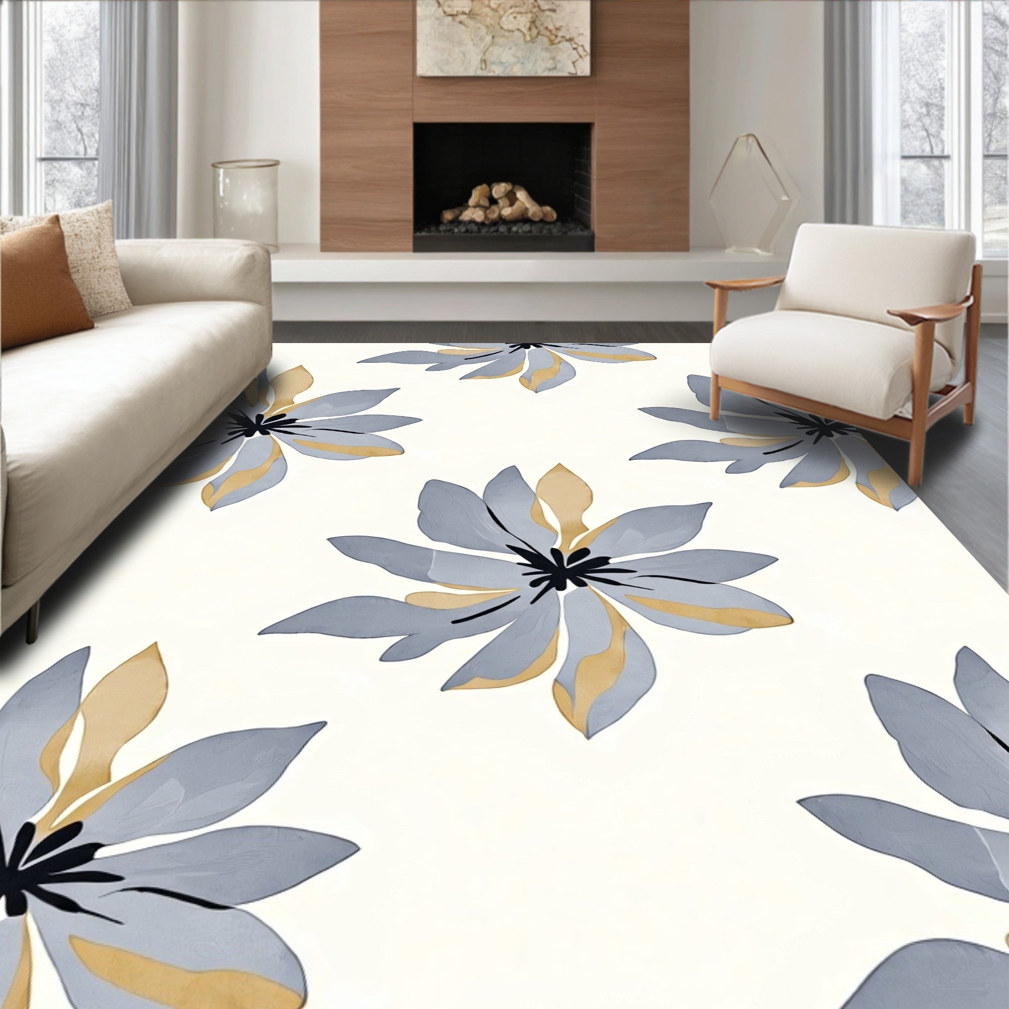 Stylized Gray Gold Floral Pattern Rug