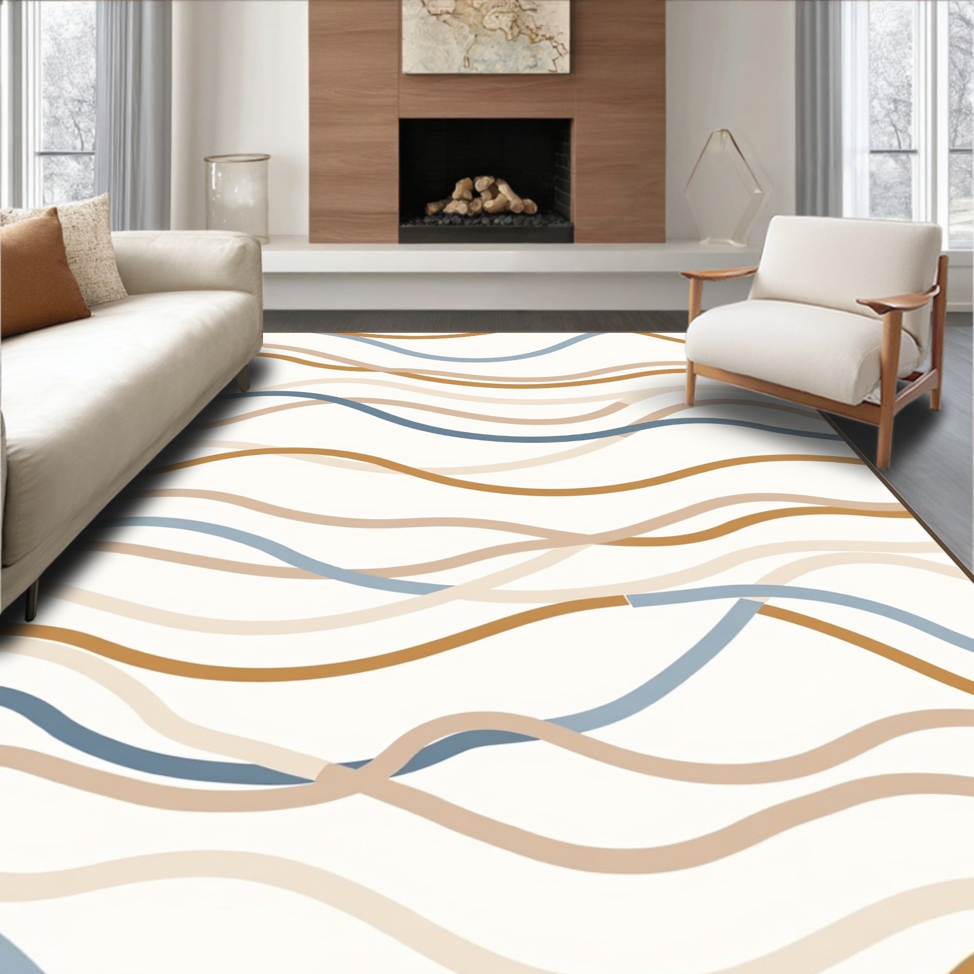 Abstract Wavy Brown Blue Lines Rug
