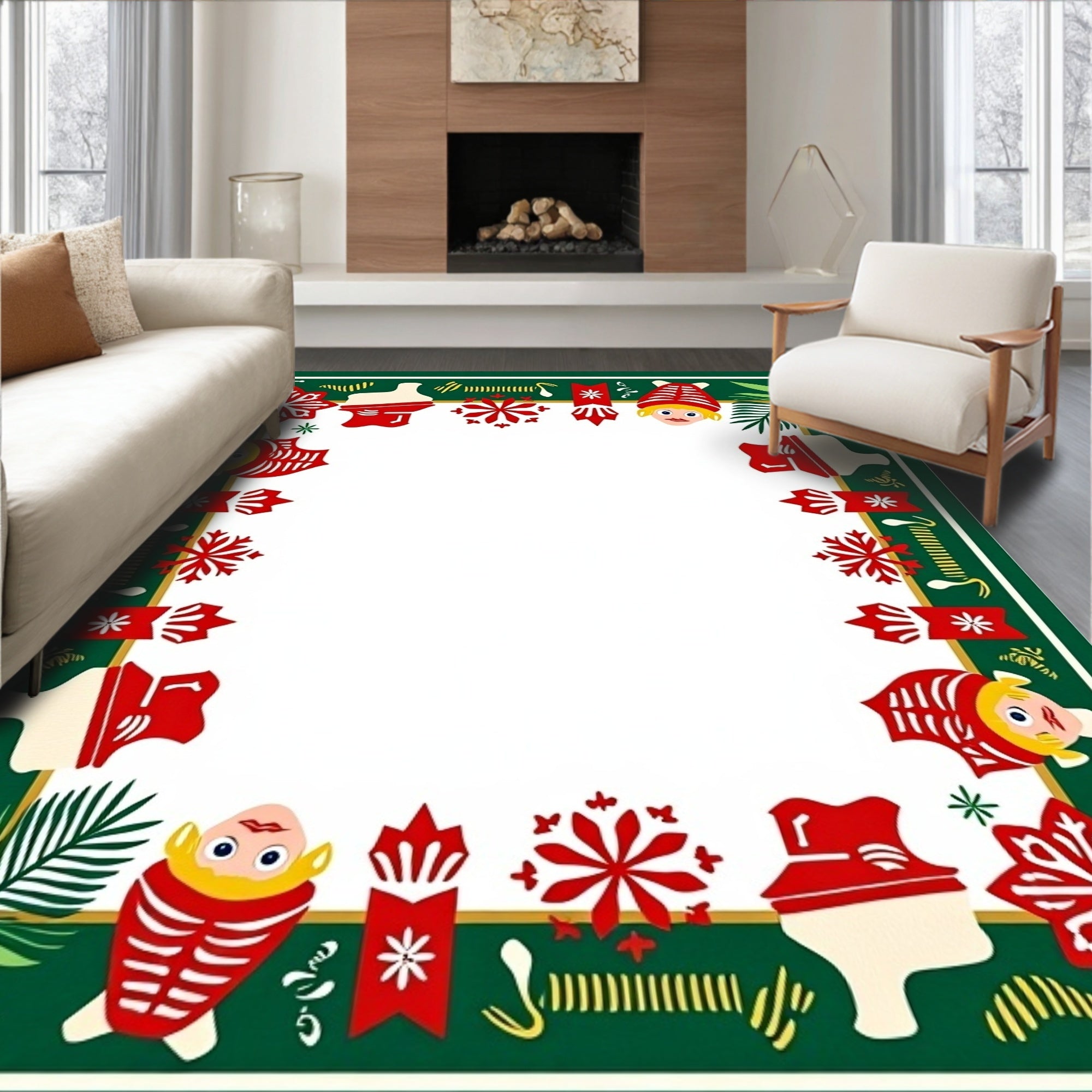 Festive Red Green Snowflakes Children's Border Rug