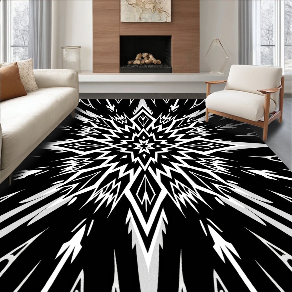 Bold Black White Starburst Pattern Rug