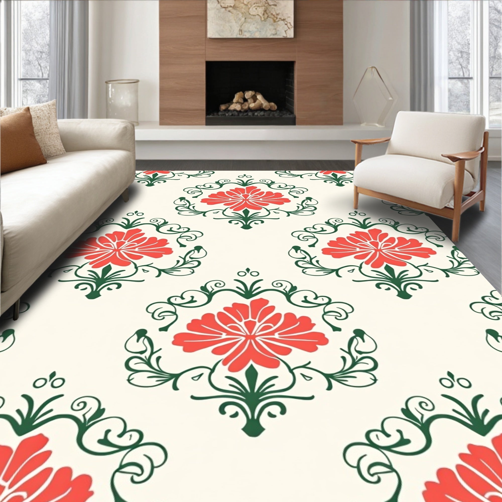 Coral Flower Damask Pattern Rug