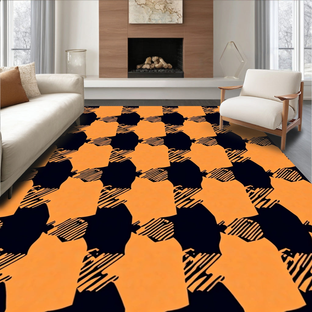 Bold Orange Black Checkered Pattern Rug