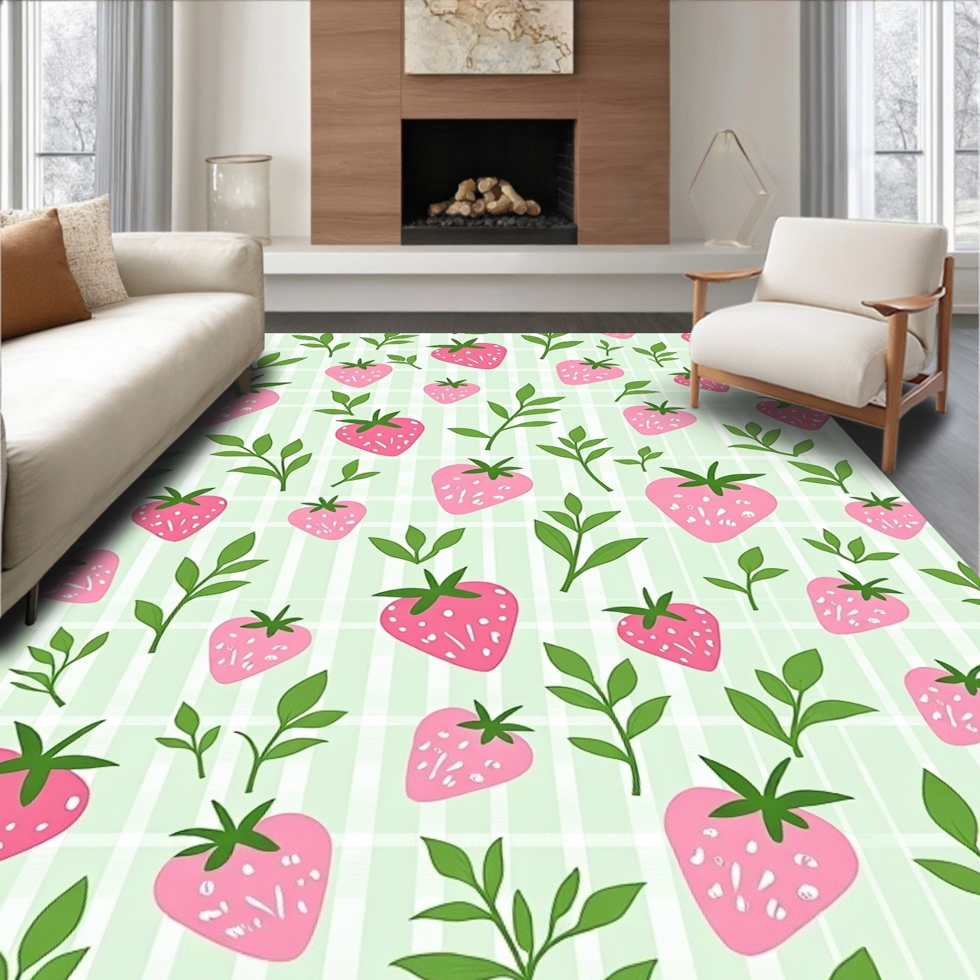Sweet Strawberry Botanical Plaid Design Rug