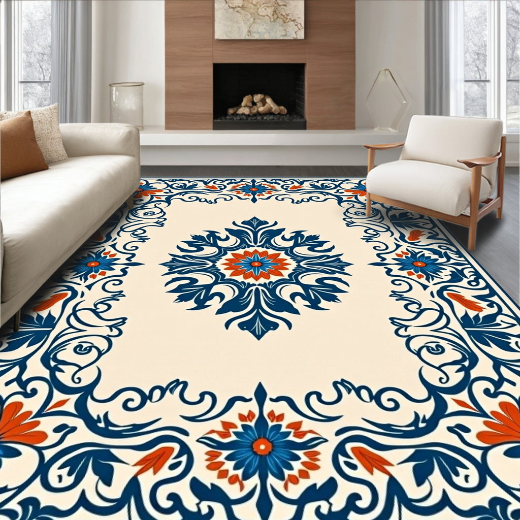 Ornate Floral Border Pattern Rug