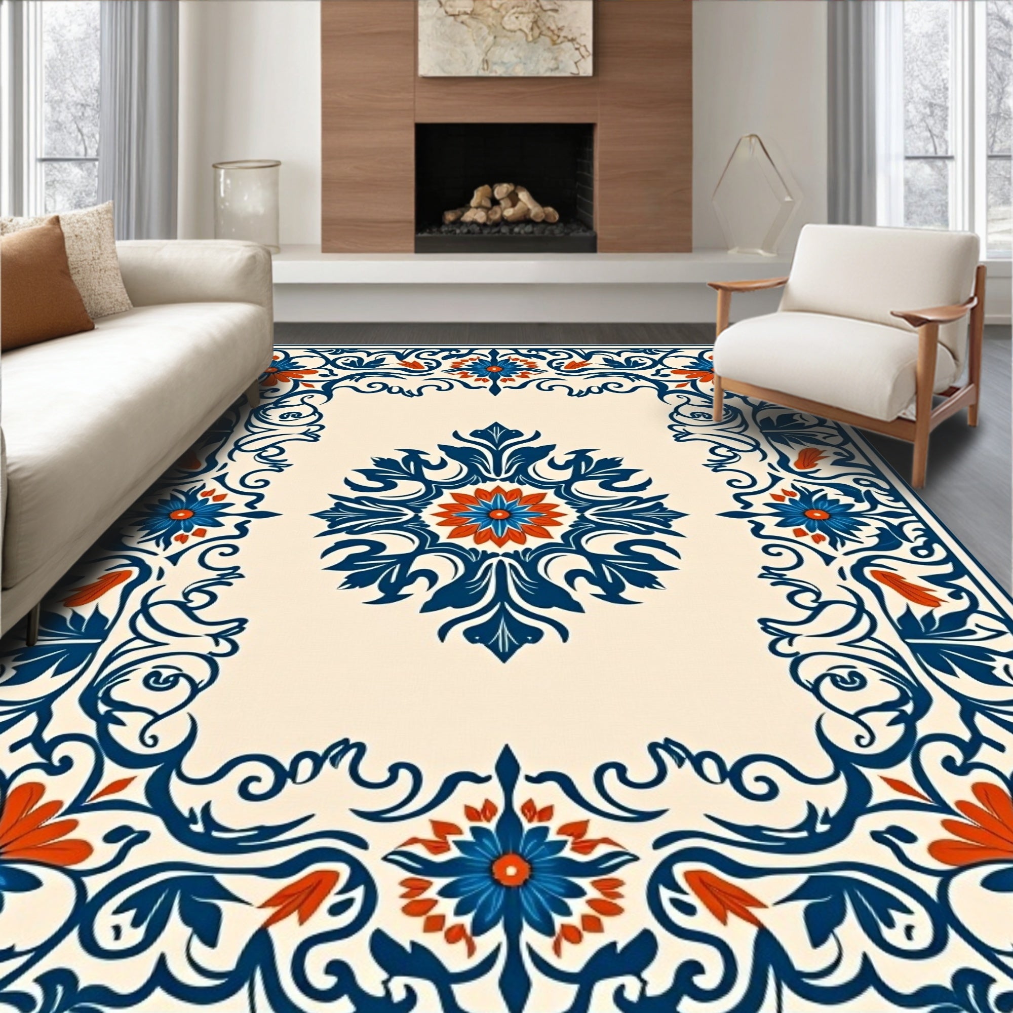 Ornate Floral Border Pattern Rug