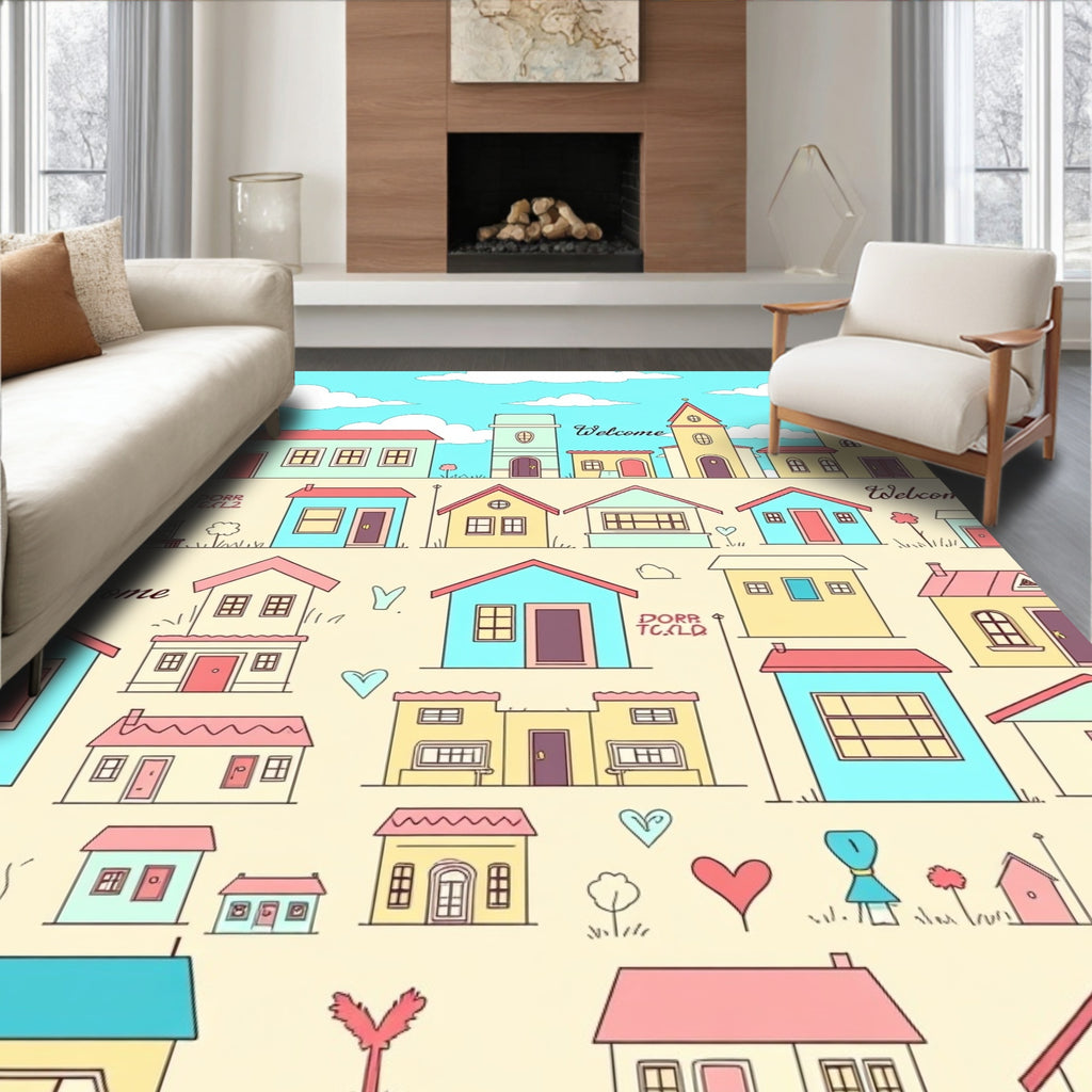 Whimsical Village Houses Pattern Rug