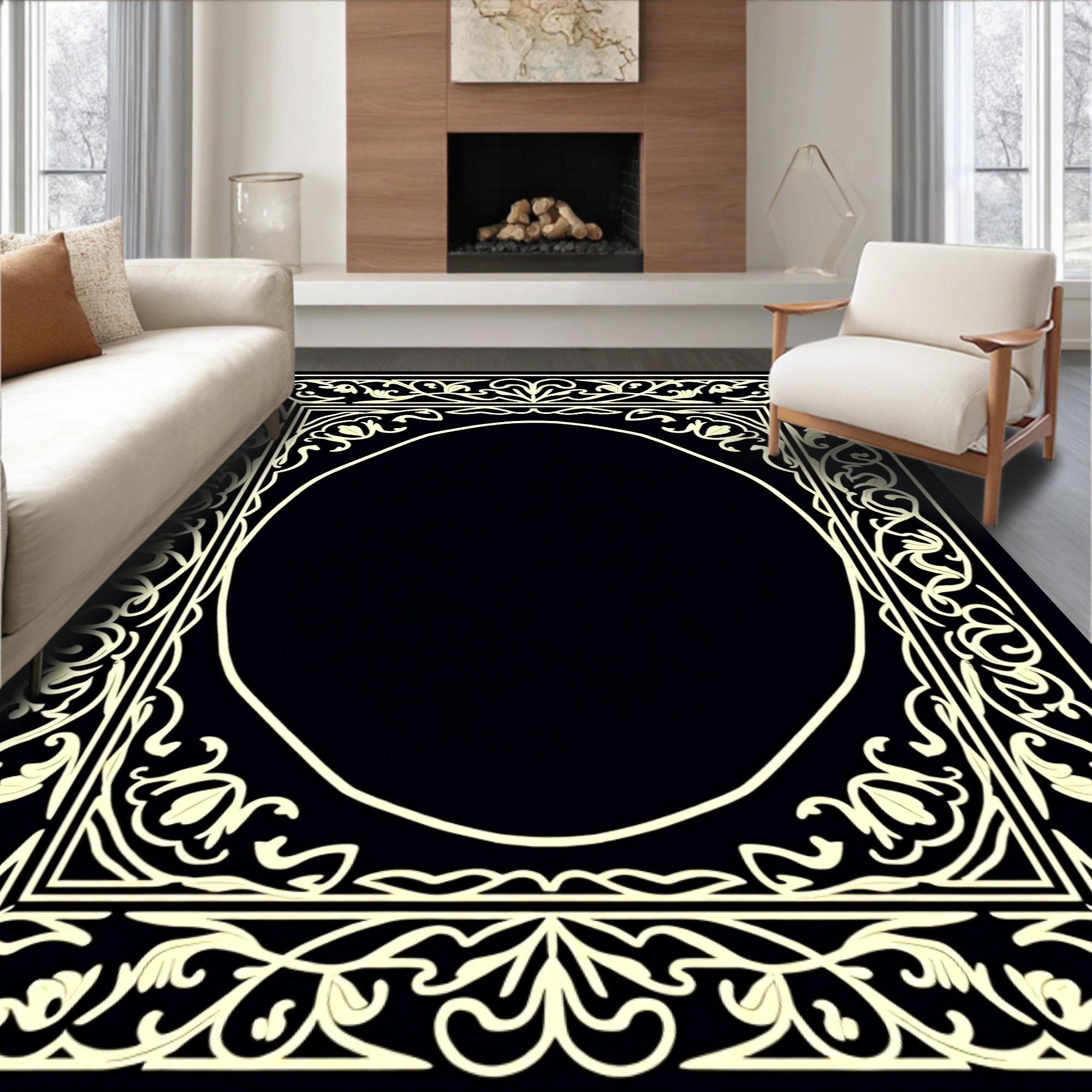 Ornate Floral Scroll Work Frame Design Rug