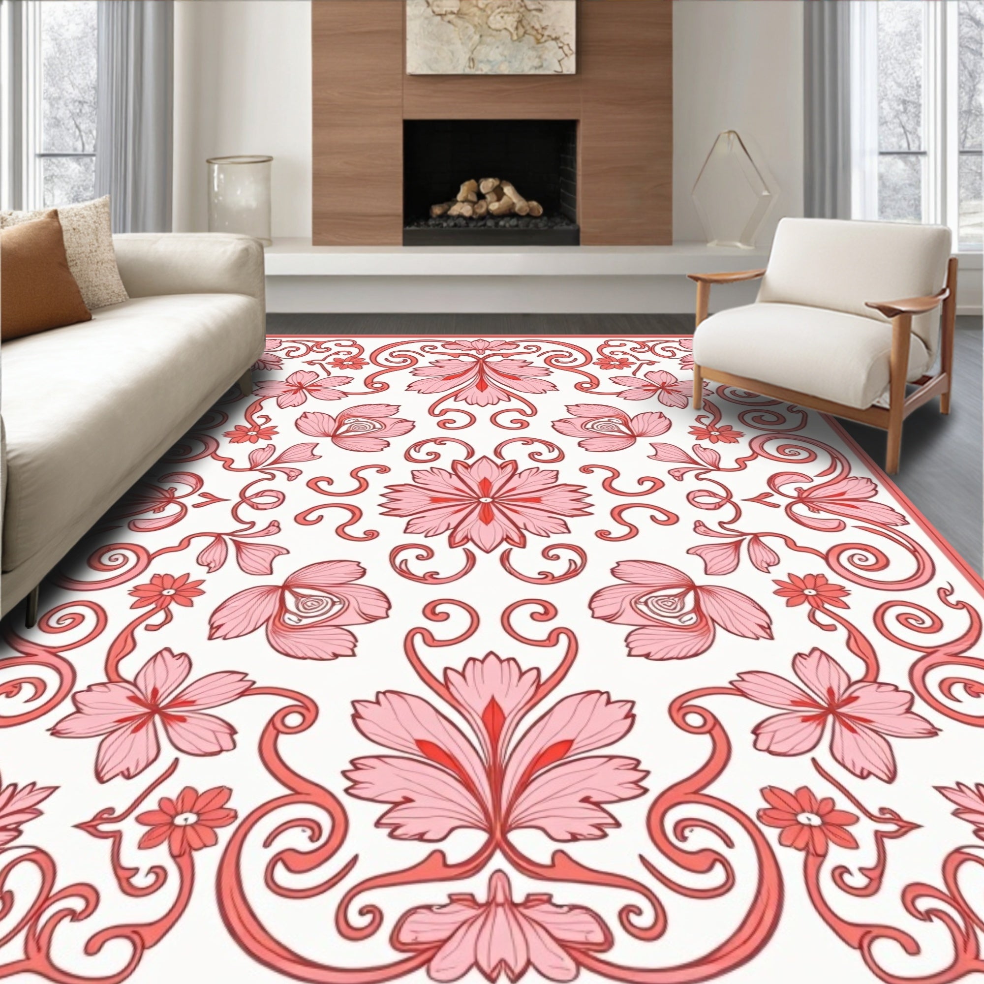 Pink Floral Swirl Pattern Rug