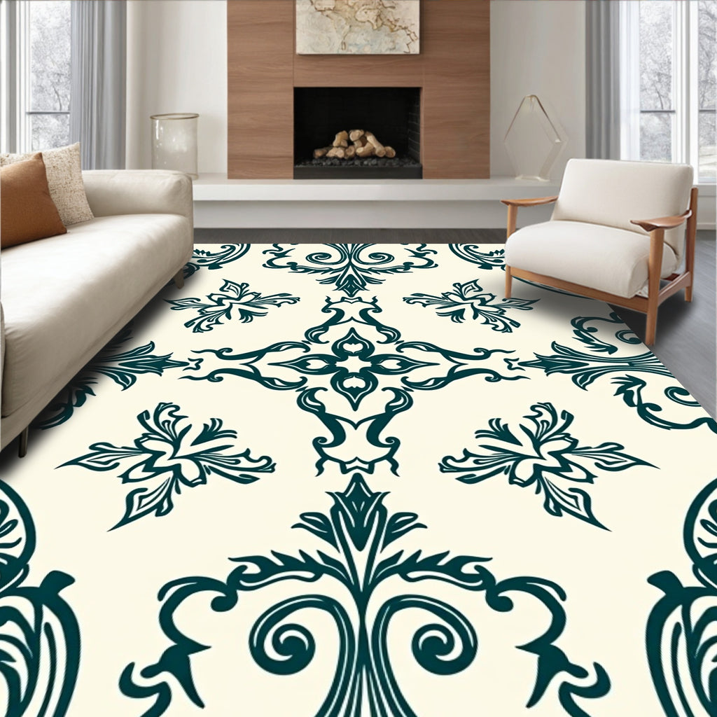 Dark Teal Classical Flourish Pattern Rug