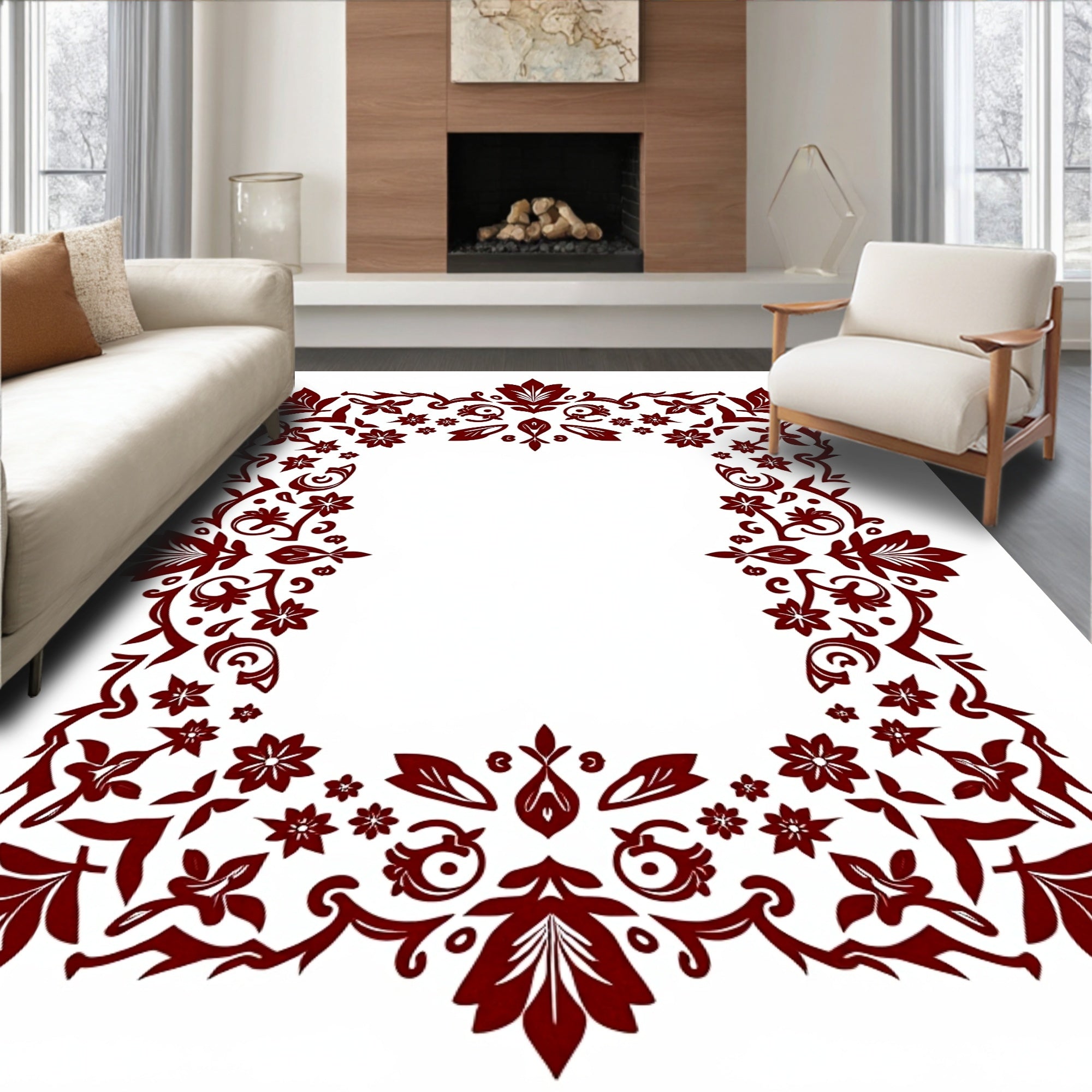Intricate Floral Vine Border Design Rug